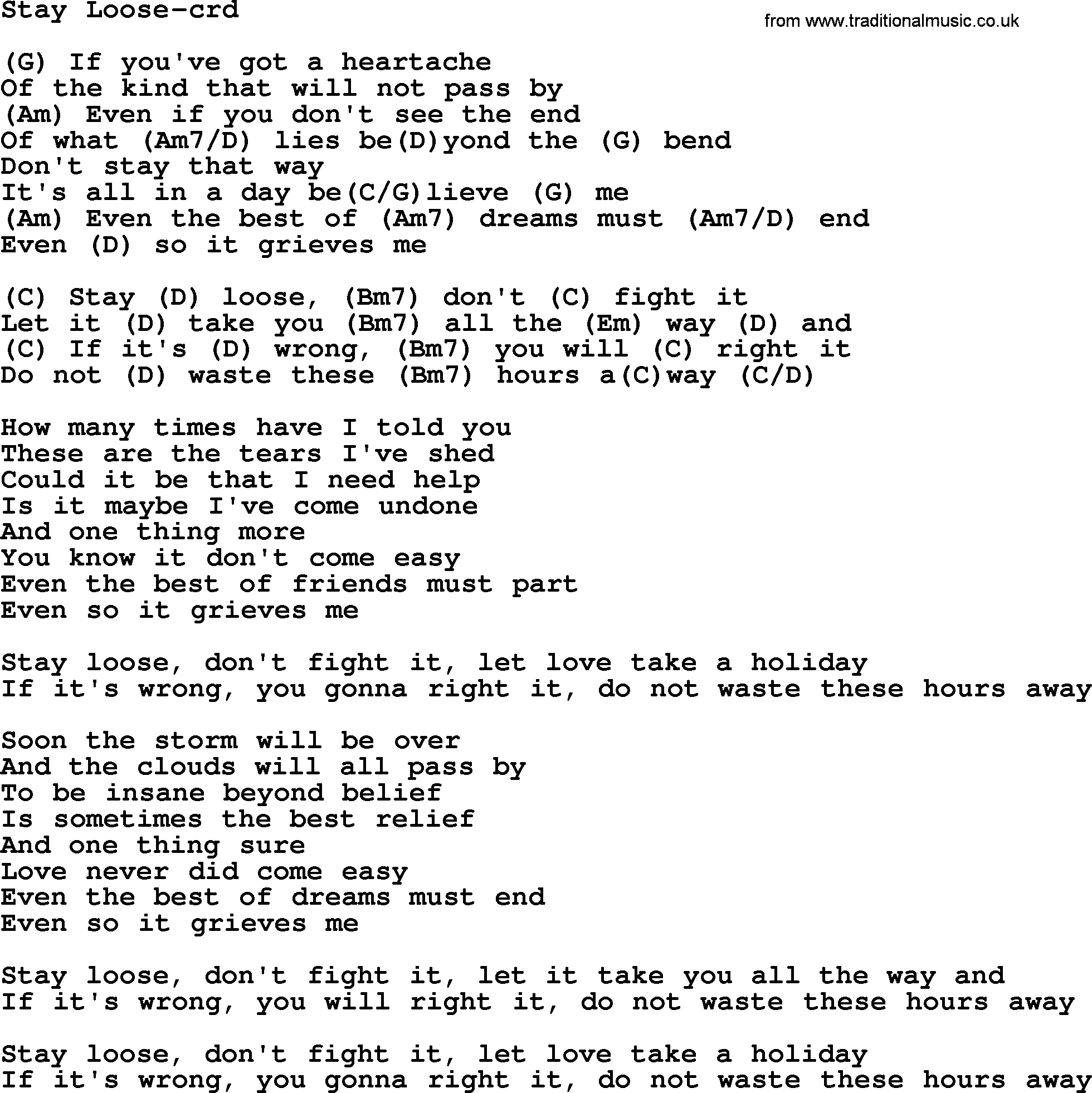 Gordon Lightfoot song Stay Loose, lyrics and chords