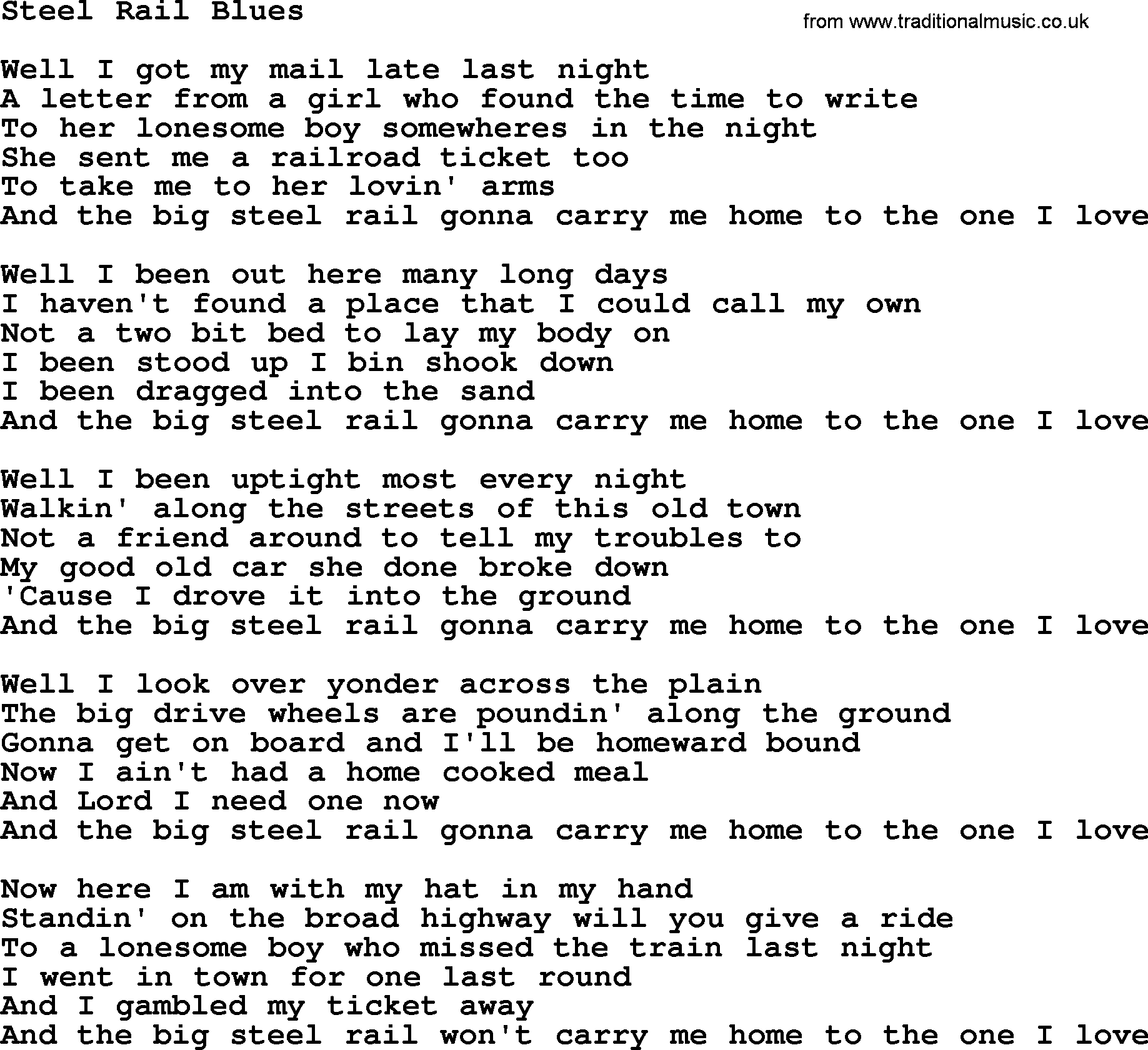 Gordon Lightfoot song Steel Rail Blues, lyrics