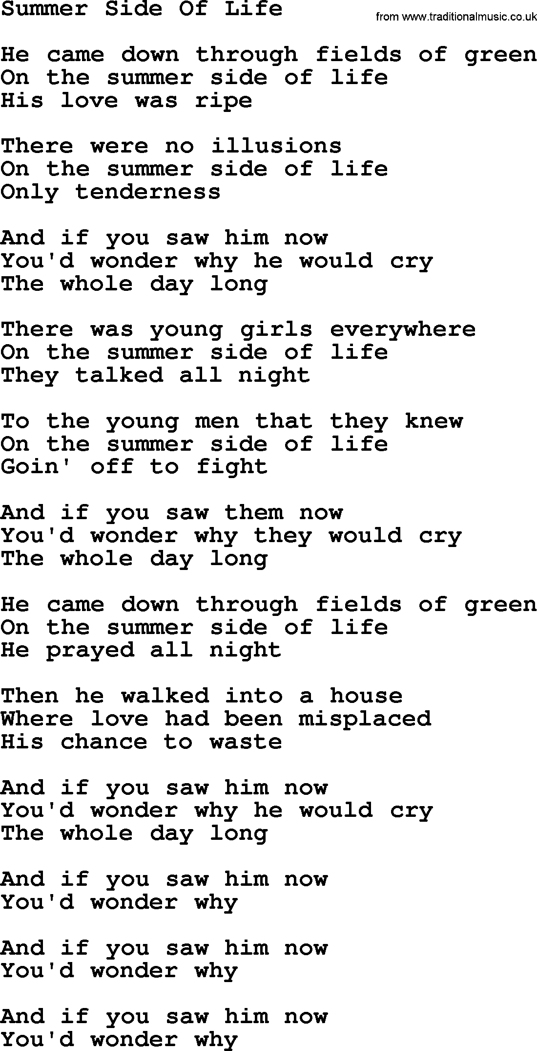 Gordon Lightfoot song Summer Side Of Life, lyrics