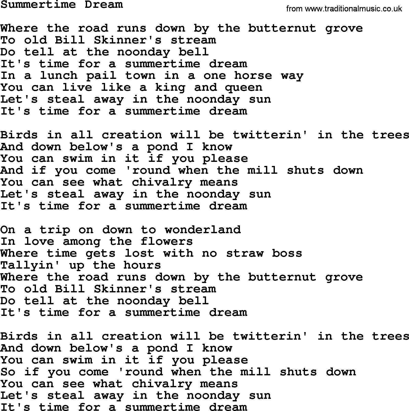 Gordon Lightfoot song Summertime Dream, lyrics