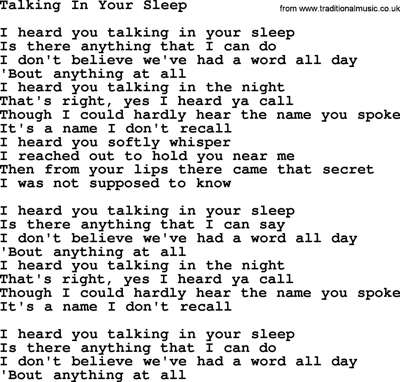 Gordon Lightfoot song Talking In Your Sleep, lyrics