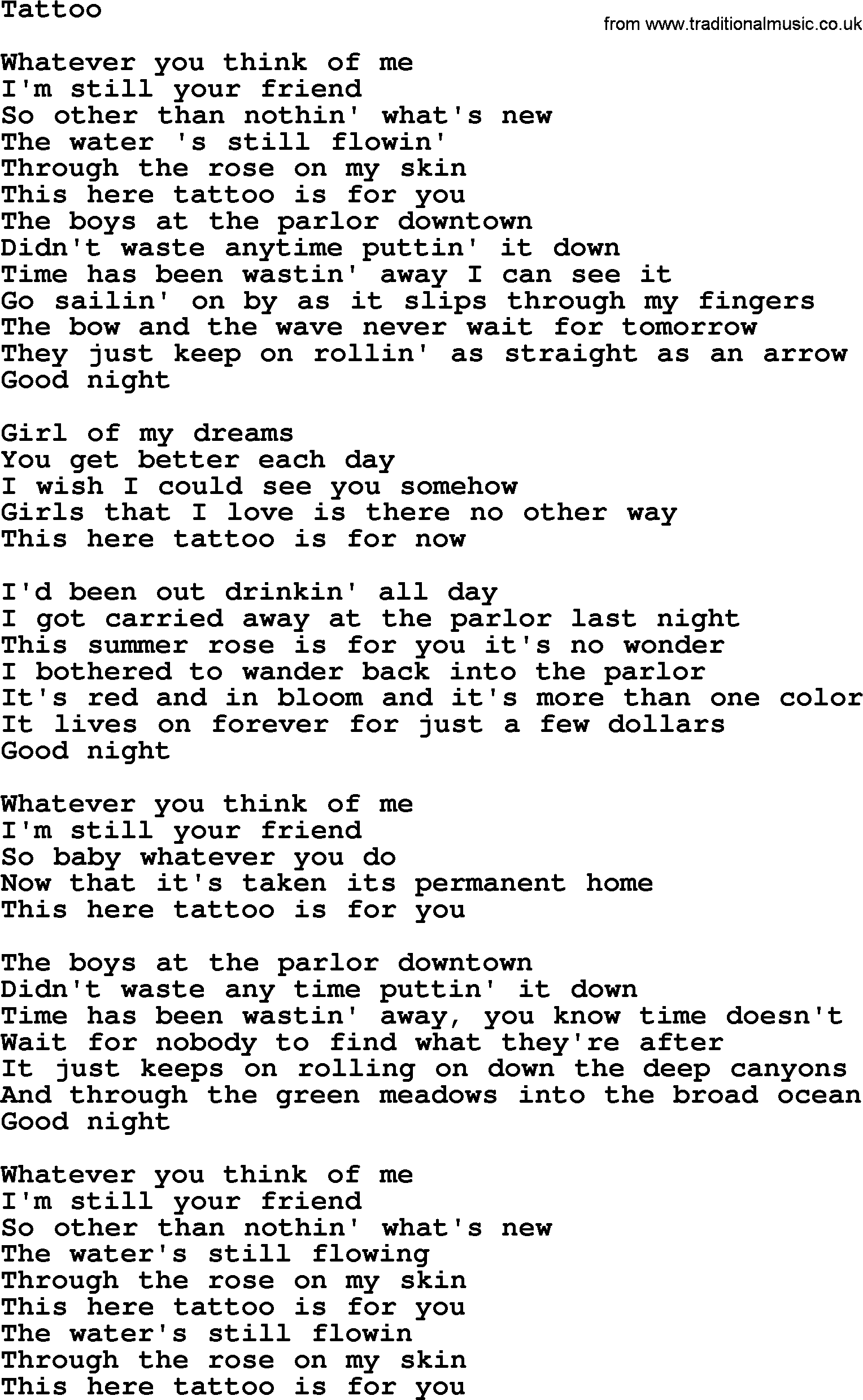 Gordon Lightfoot song Tattoo, lyrics