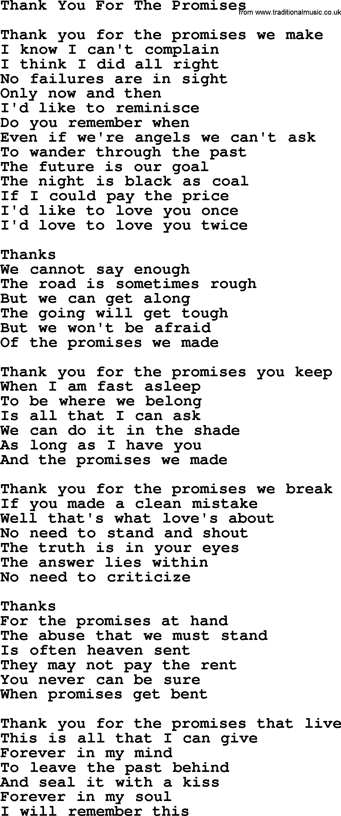 Gordon Lightfoot song Thank You For The Promises, lyrics