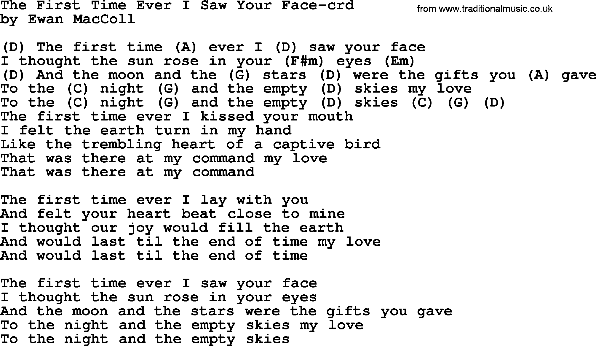 Gordon Lightfoot song The First Time Ever I Saw Your Face, lyrics and chords