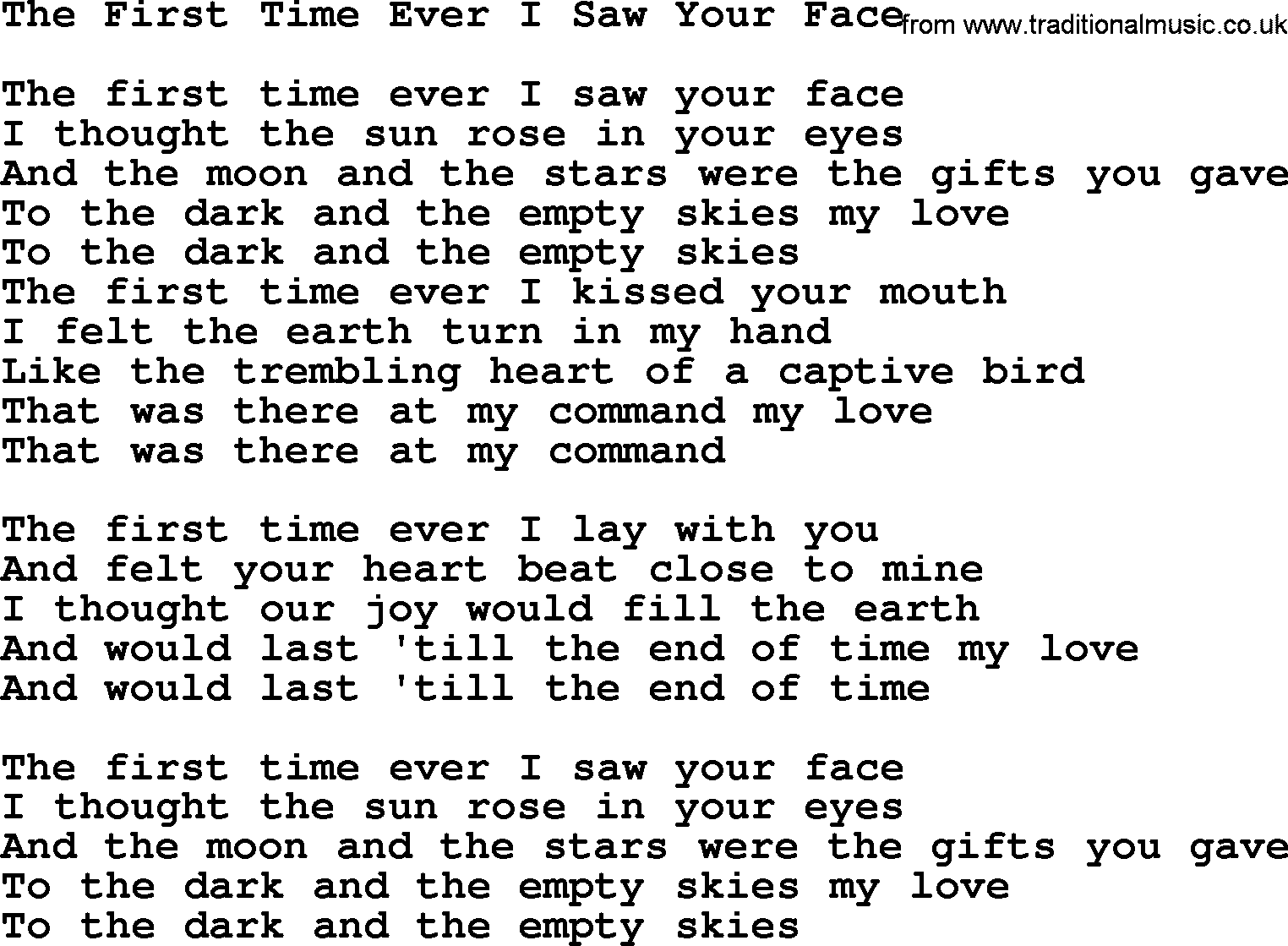 Gordon Lightfoot song The First Time Ever I Saw Your Face, lyrics