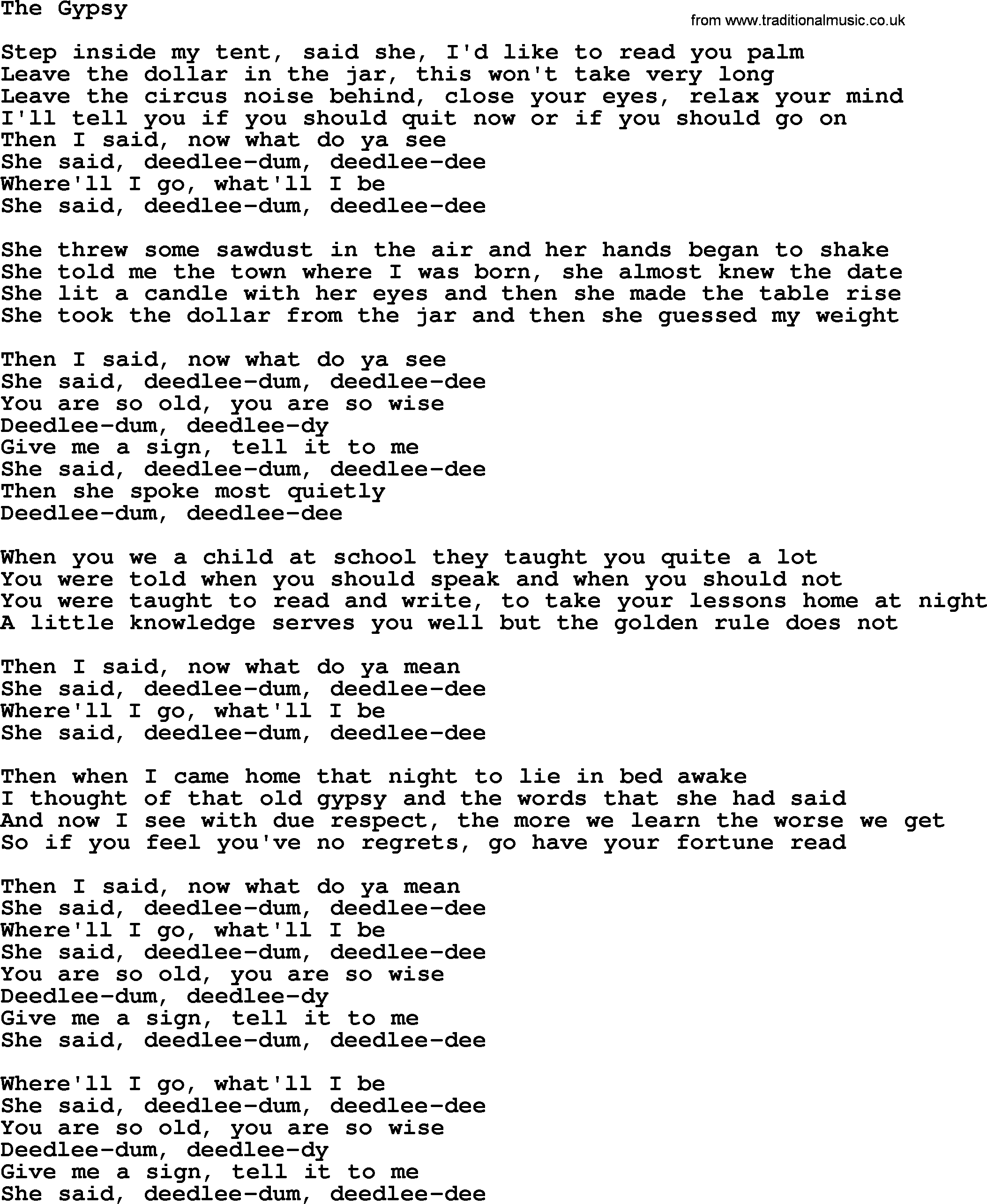 Gordon Lightfoot song The Gypsy, lyrics