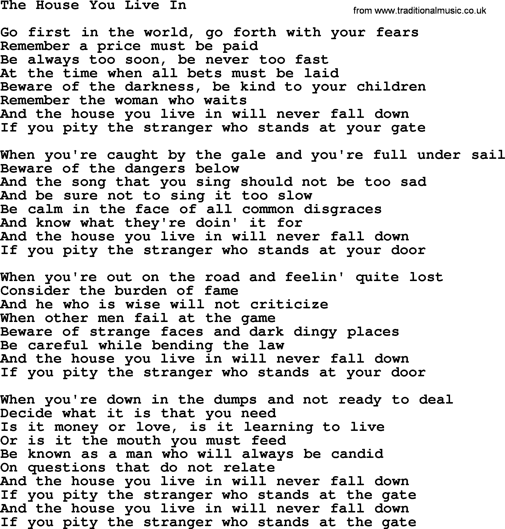 Gordon Lightfoot song The House You Live In, lyrics