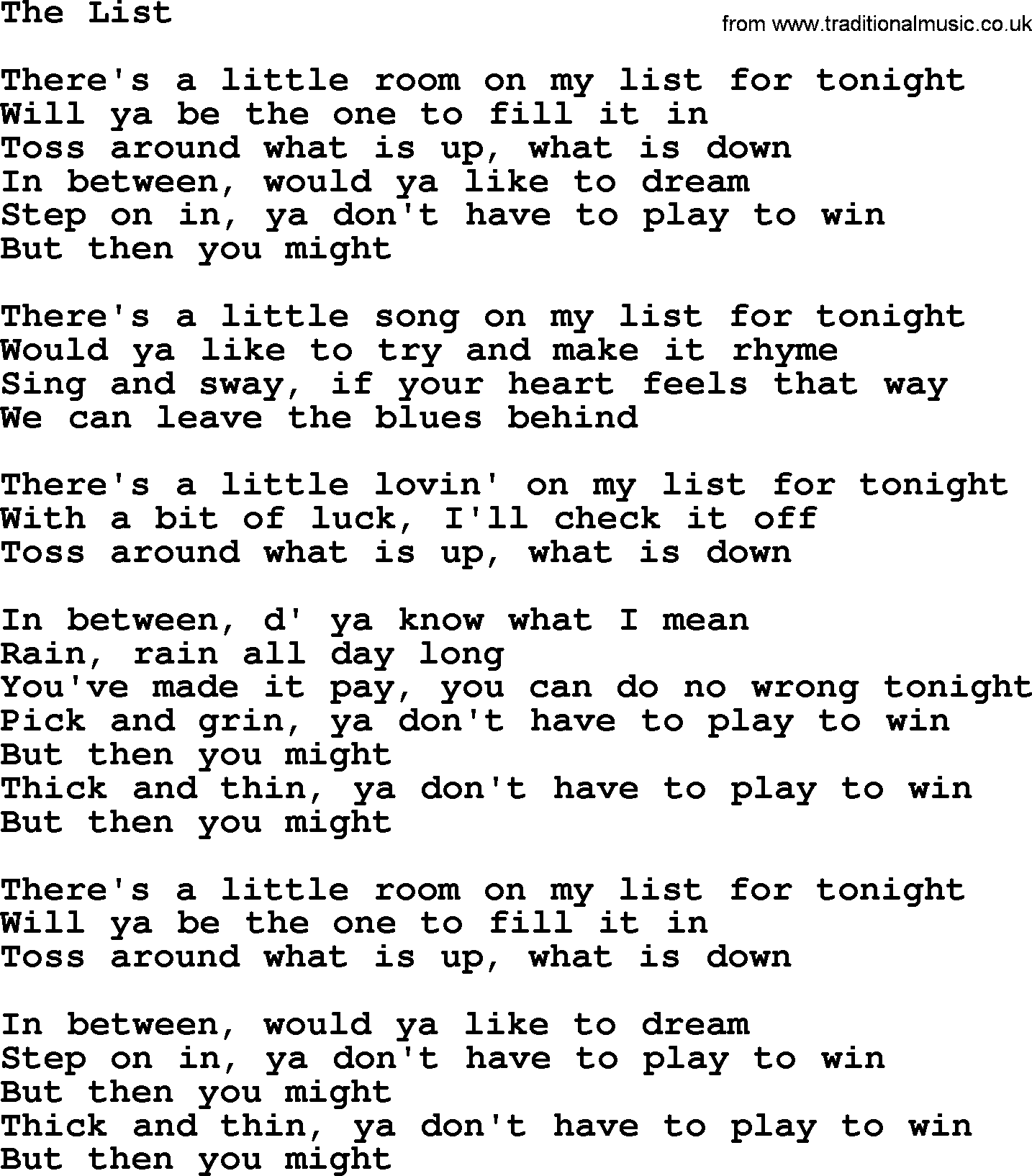 Gordon Lightfoot song The List, lyrics