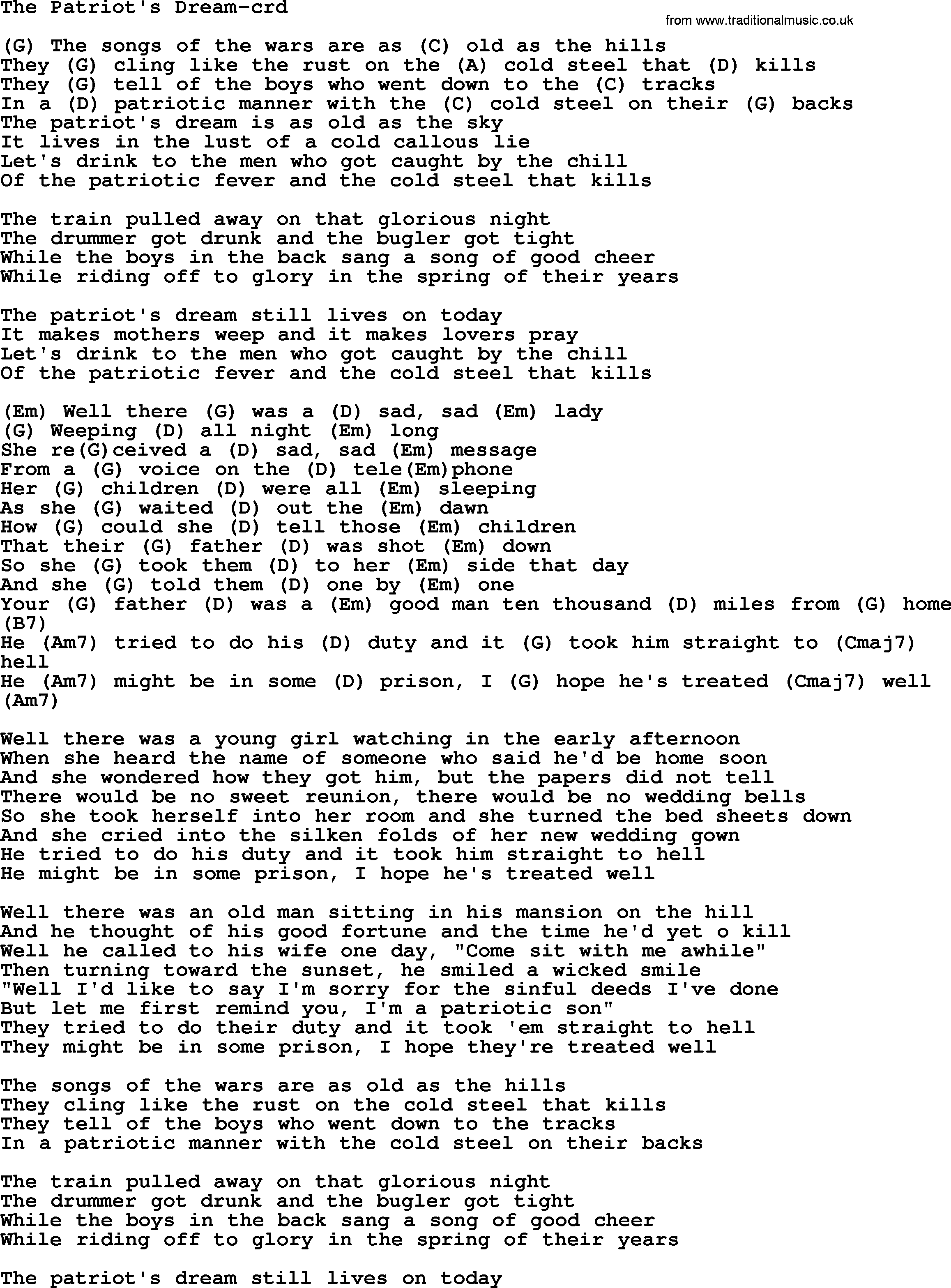 Gordon Lightfoot song The Patriot's Dream, lyrics and chords