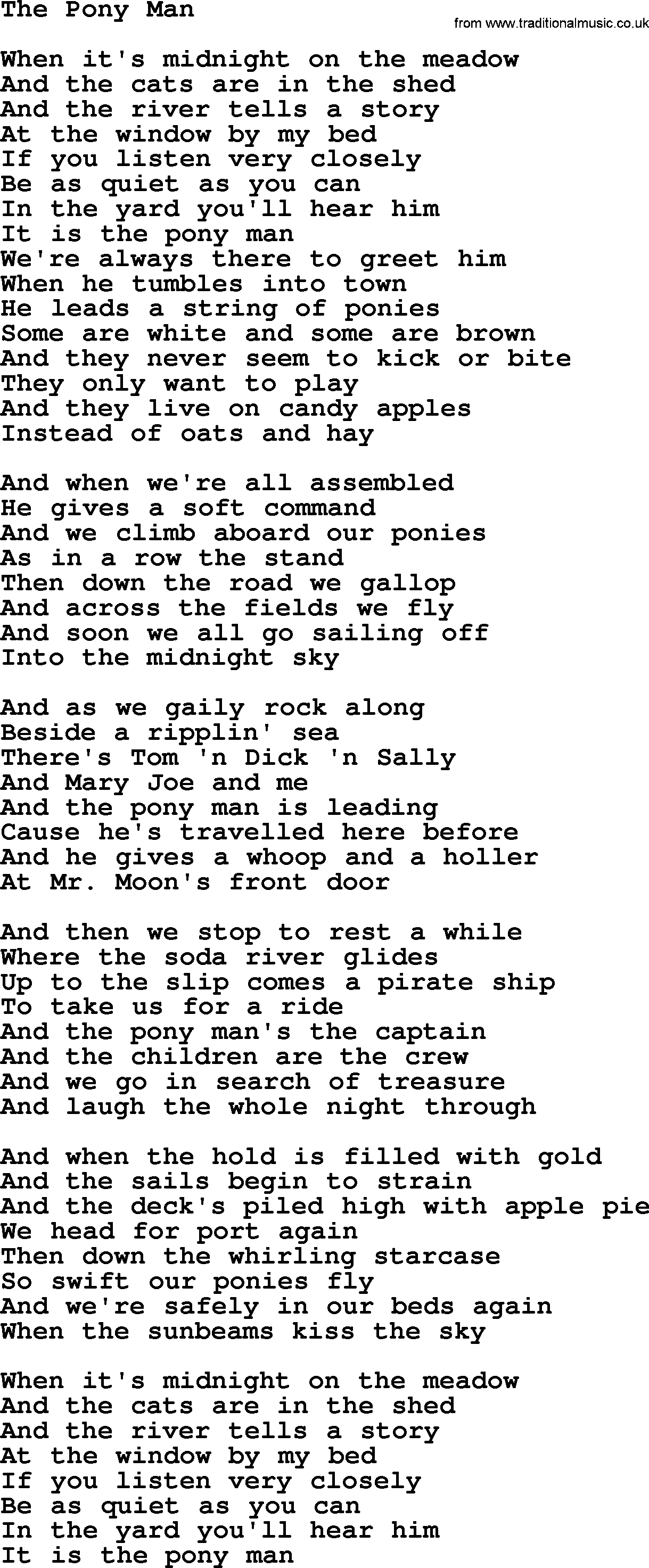 Gordon Lightfoot song The Pony Man, lyrics
