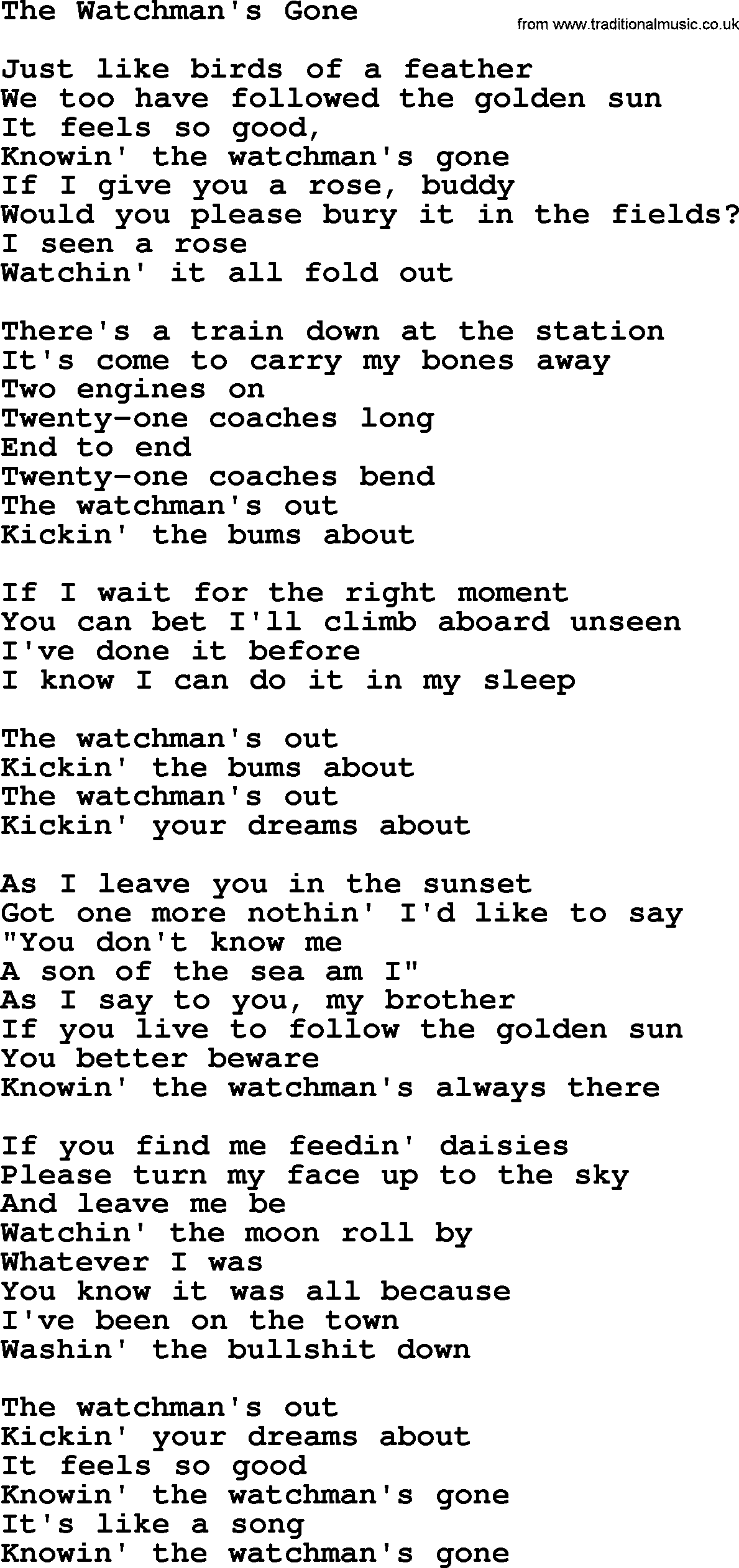 Gordon Lightfoot song The Watchman's Gone, lyrics