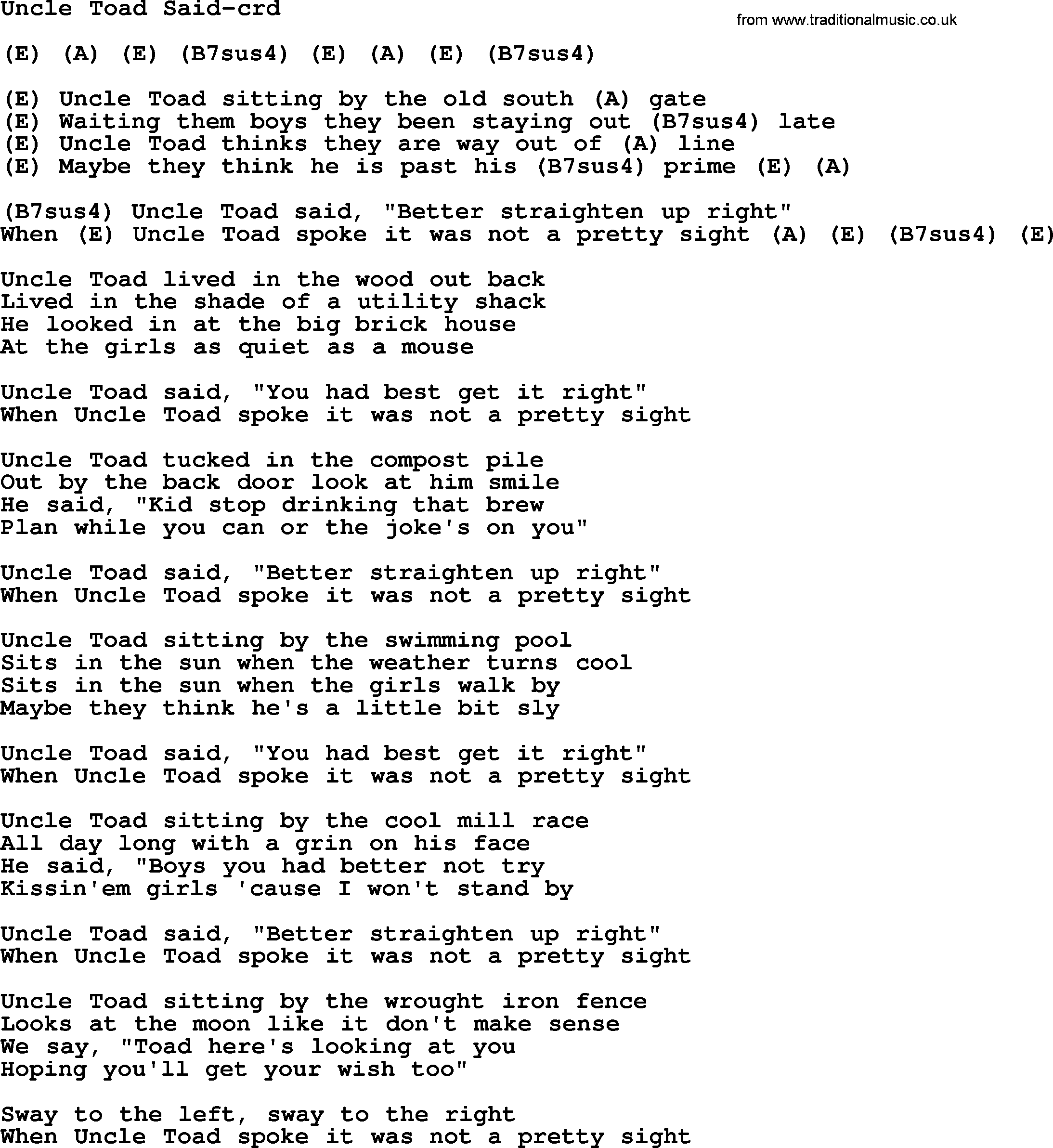 Gordon Lightfoot song Uncle Toad Said, lyrics and chords