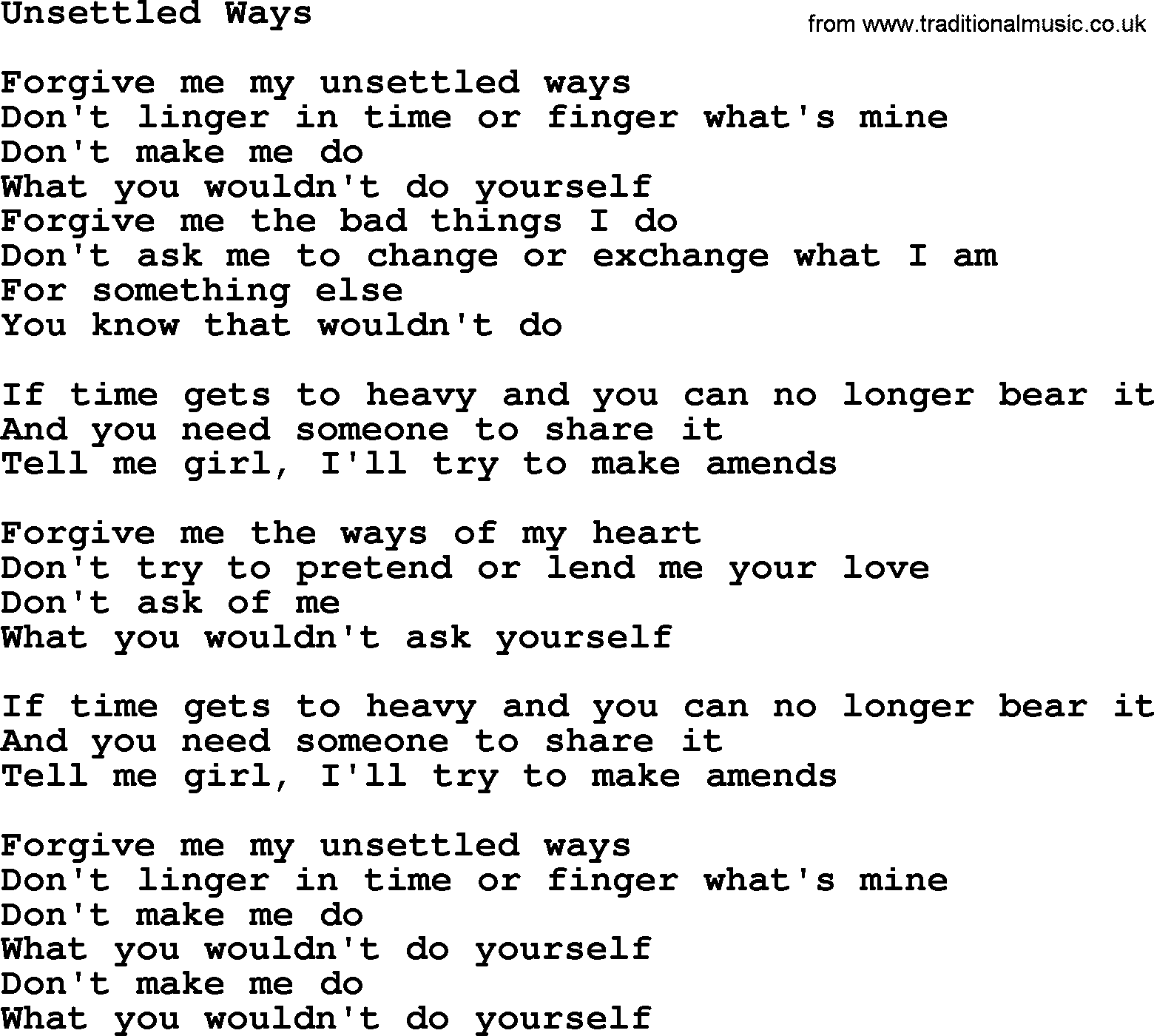 Gordon Lightfoot song Unsettled Ways, lyrics