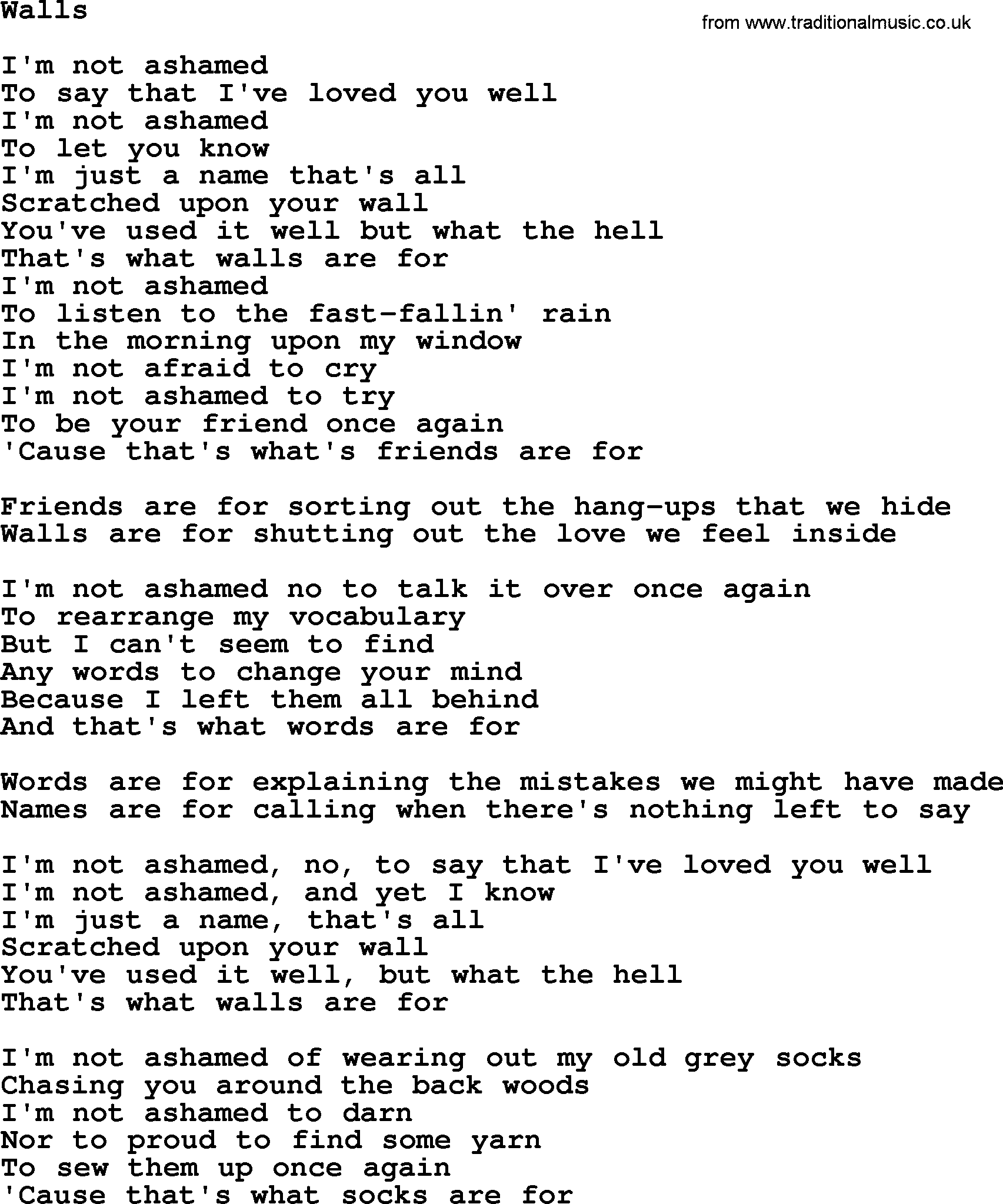Gordon Lightfoot song Walls, lyrics