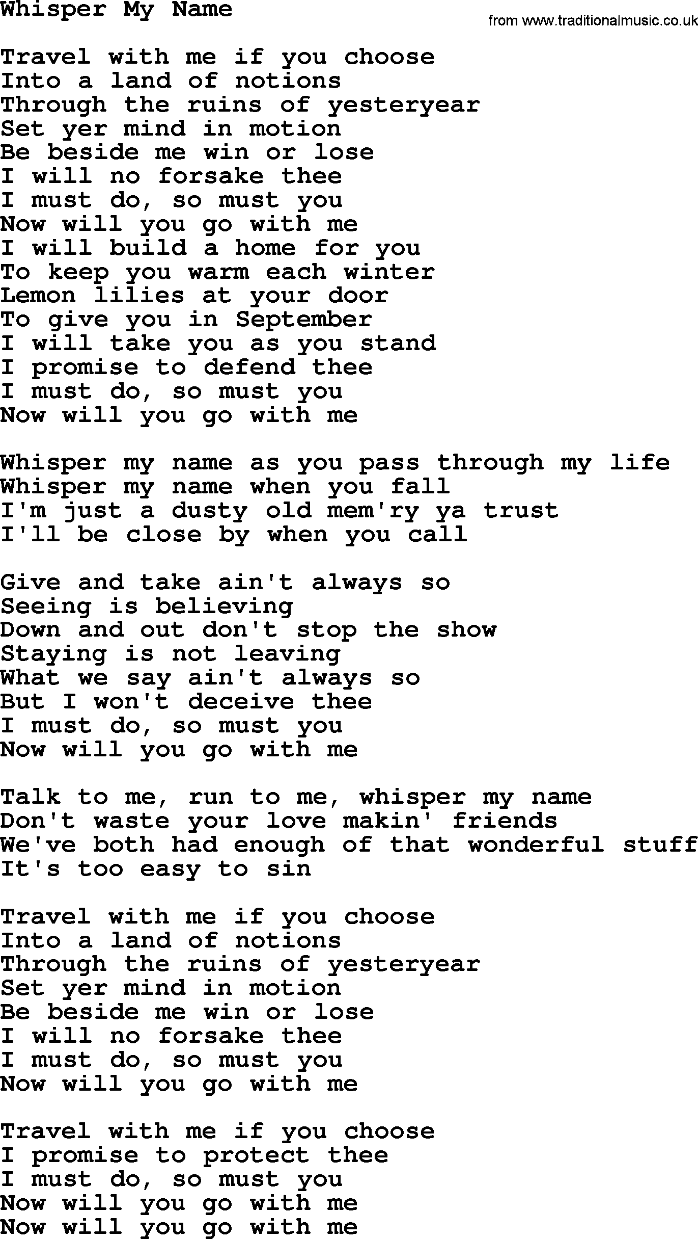 Gordon Lightfoot song Whisper My Name, lyrics