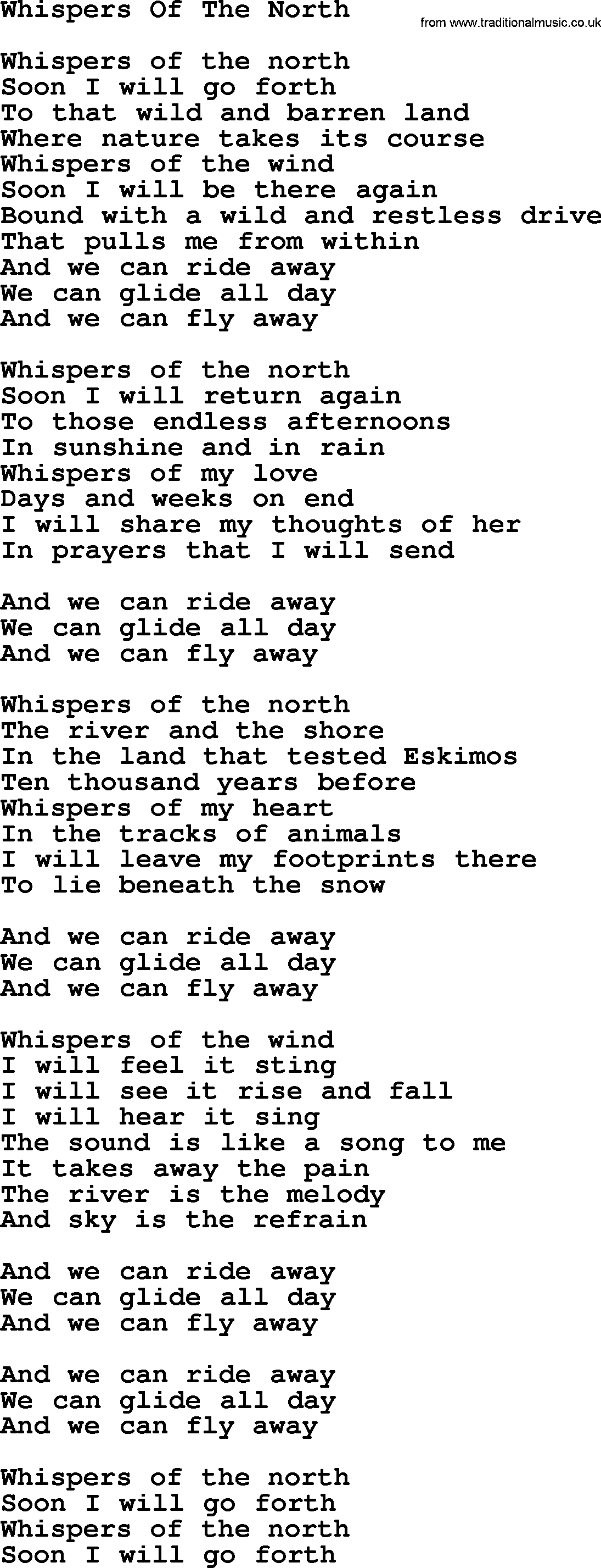 Gordon Lightfoot song Whispers Of The North, lyrics