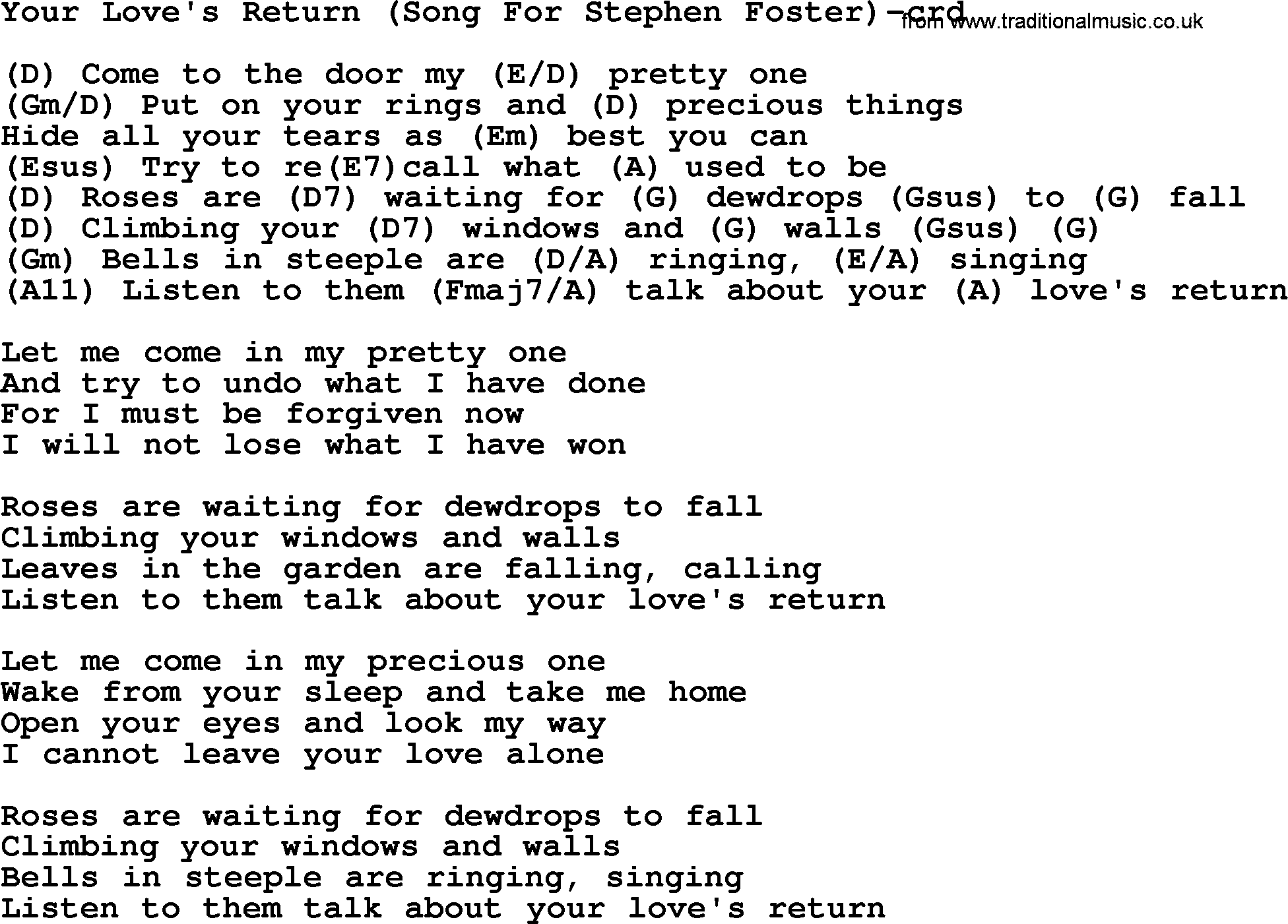 Gordon Lightfoot song Your Love's Return (Song For Stephen Foster), lyrics and chords
