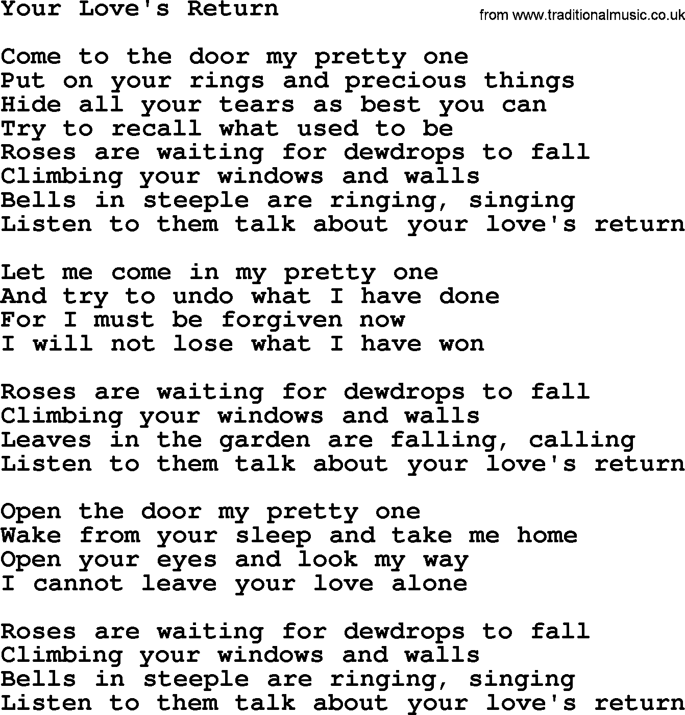 Gordon Lightfoot song Your Love's Return, lyrics