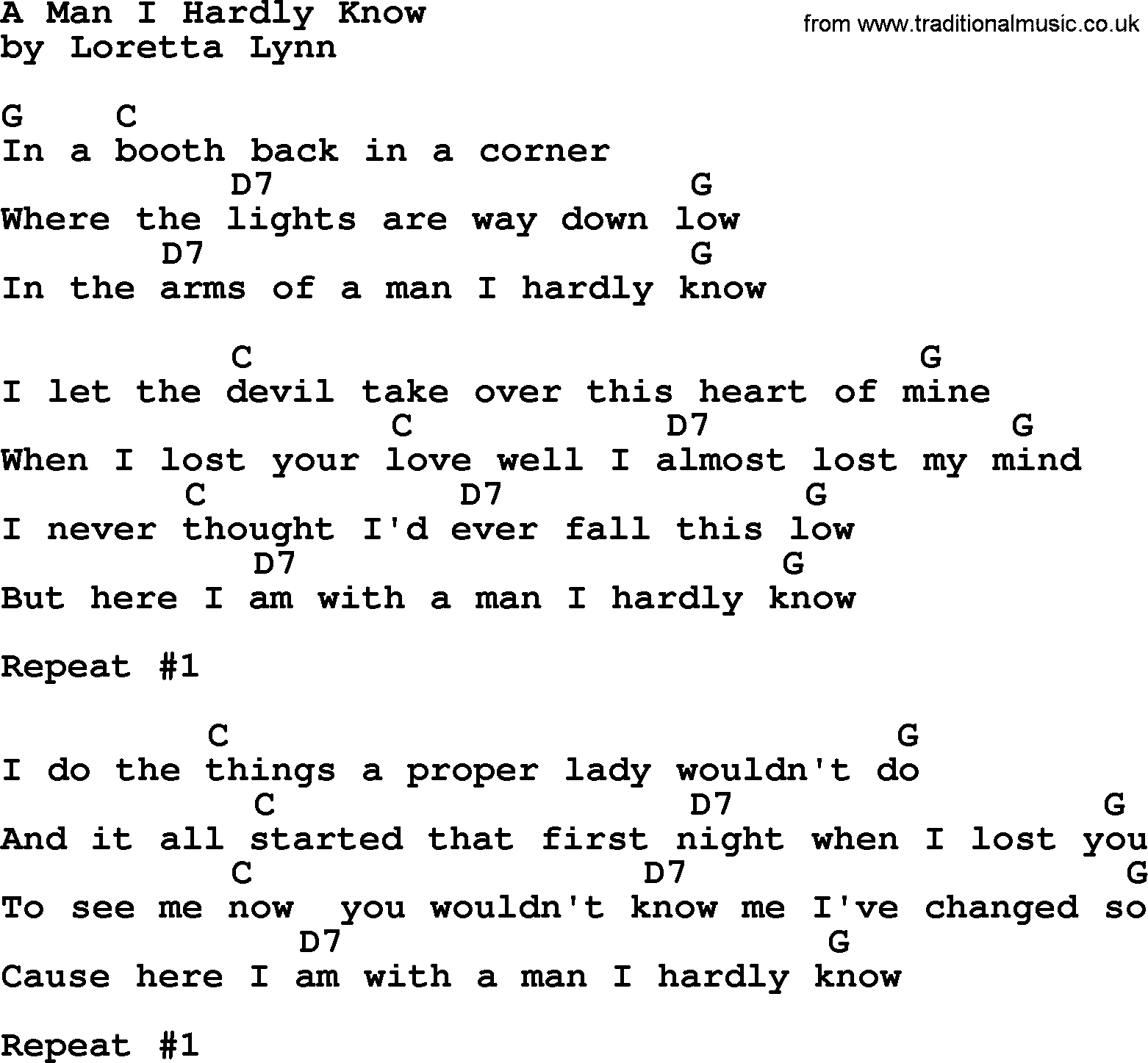 Loretta Lynn song:: A Man I Hardly Know lyrics and chords