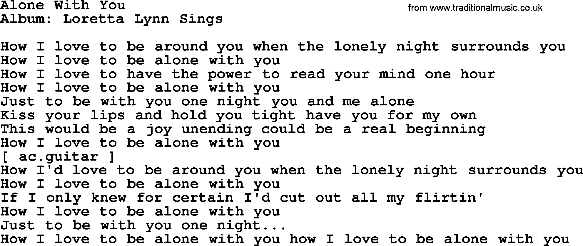 Loretta Lynn song: Alone With You lyrics