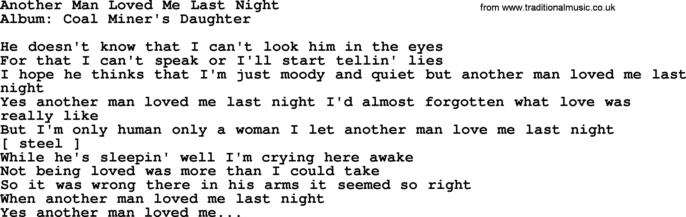 Loretta Lynn song: Another Man Loved Me Last Night lyrics