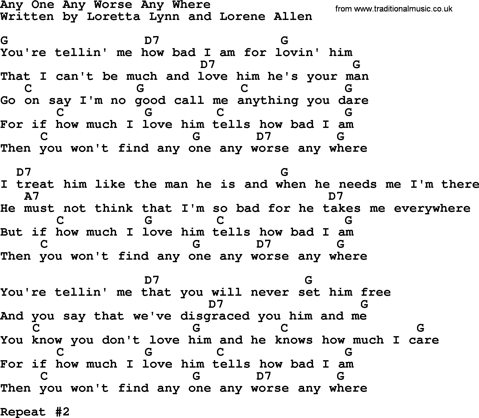 Loretta Lynn song: Any One Any Worse Any Where lyrics and chords