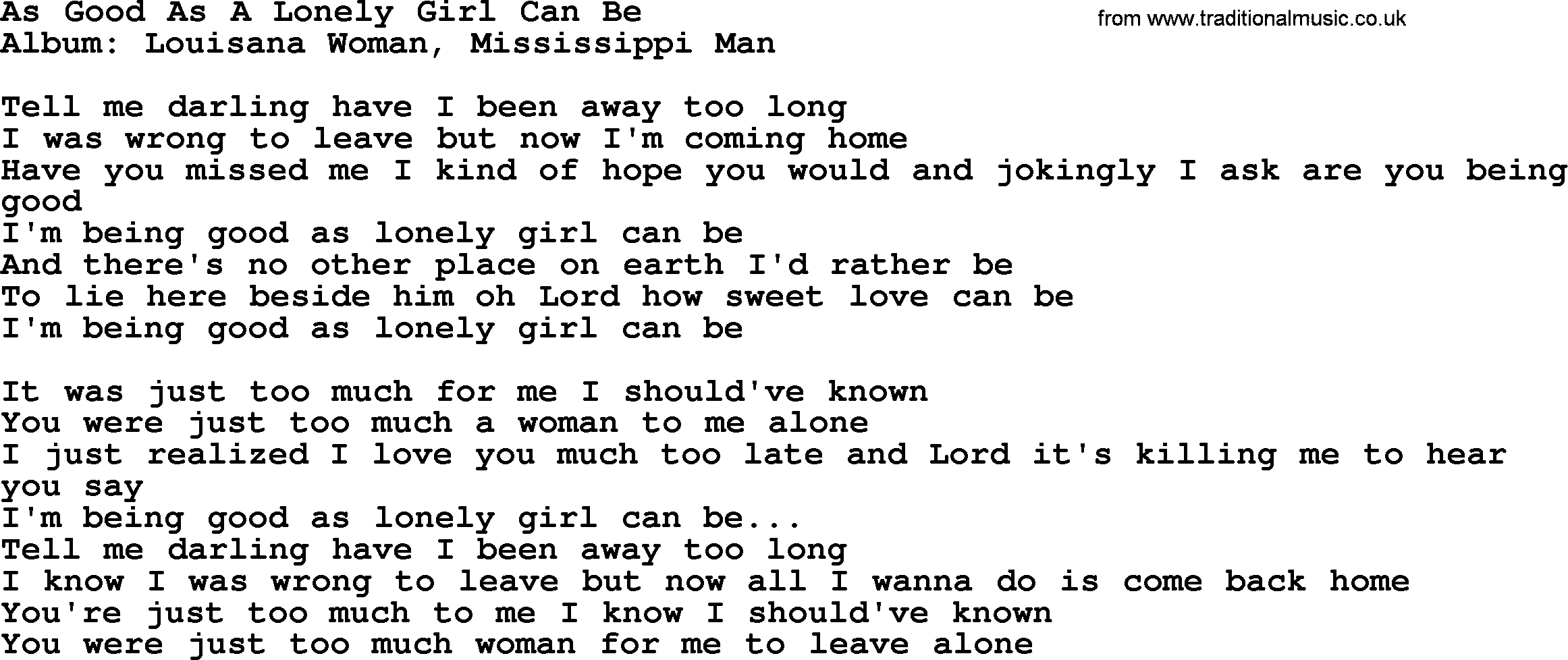 Loretta Lynn song: As Good As A Lonely Girl Can Be lyrics