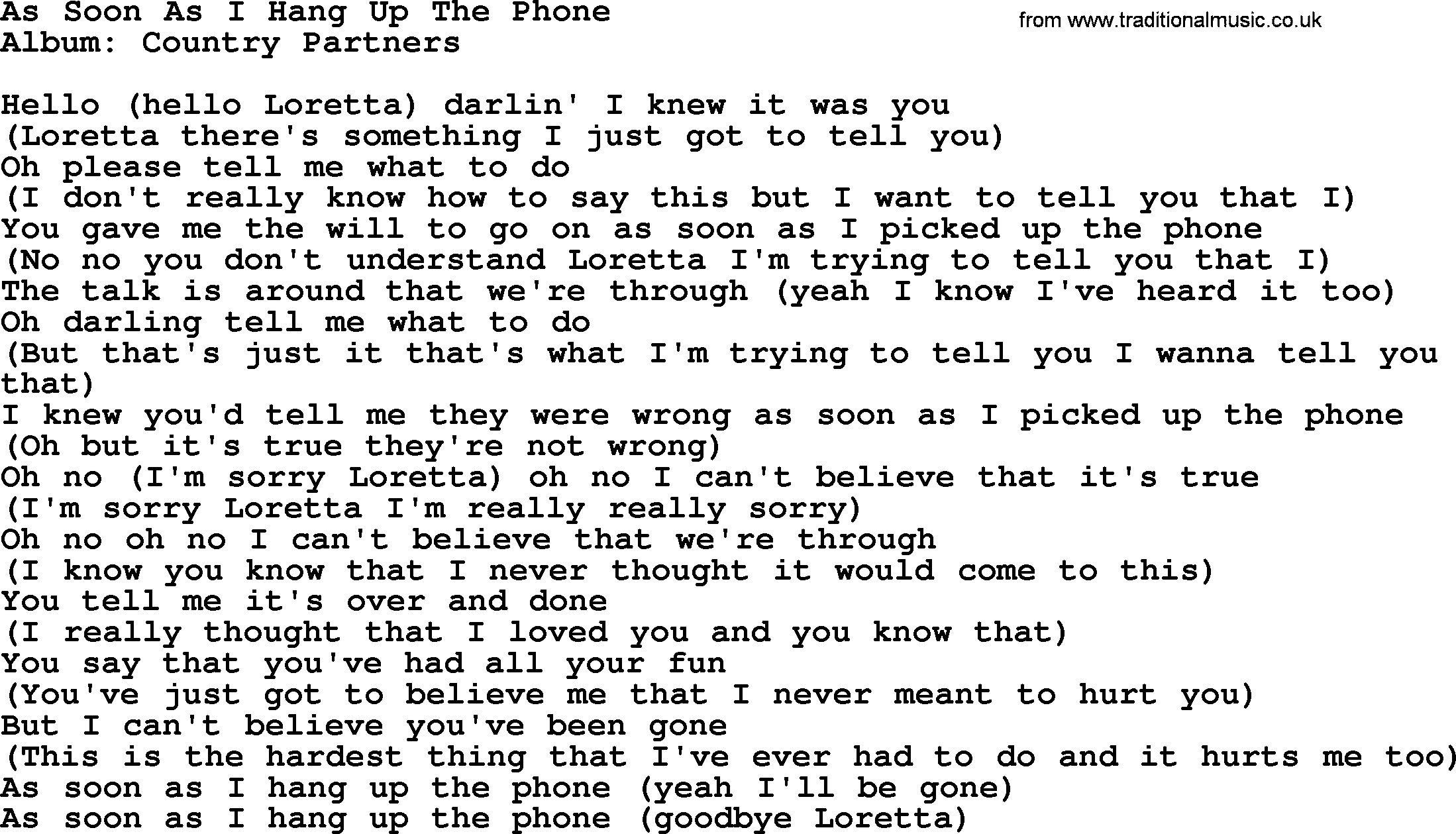 Loretta Lynn song: As Soon As I Hang Up The Phone lyrics