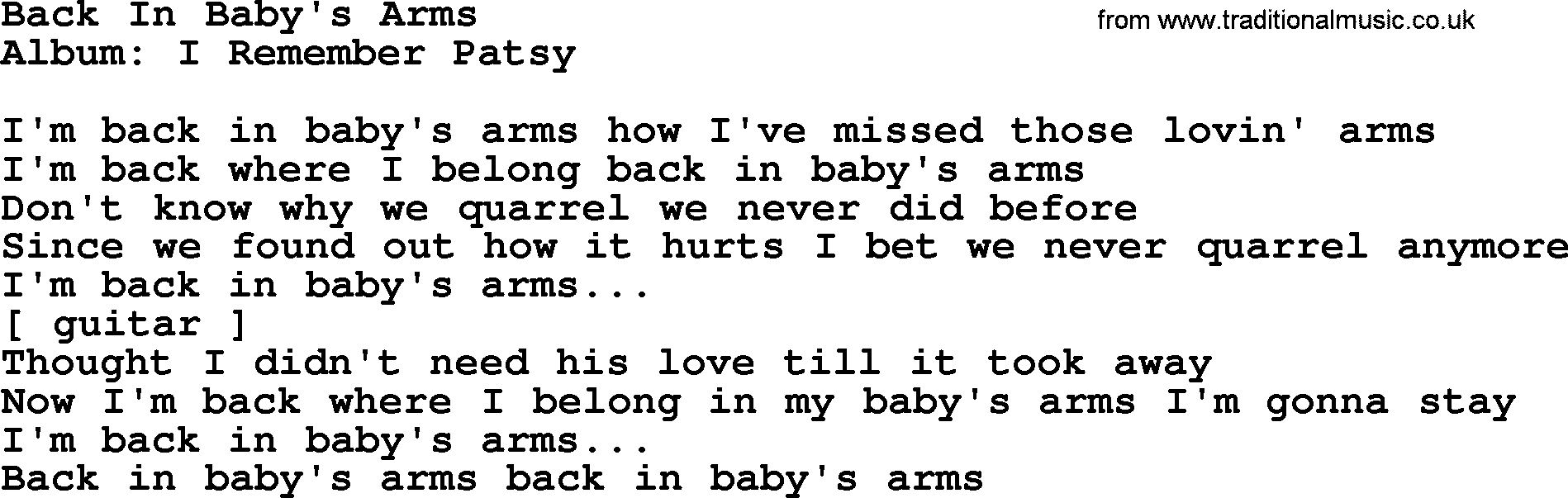 Loretta Lynn song: Back In Baby's Arms lyrics