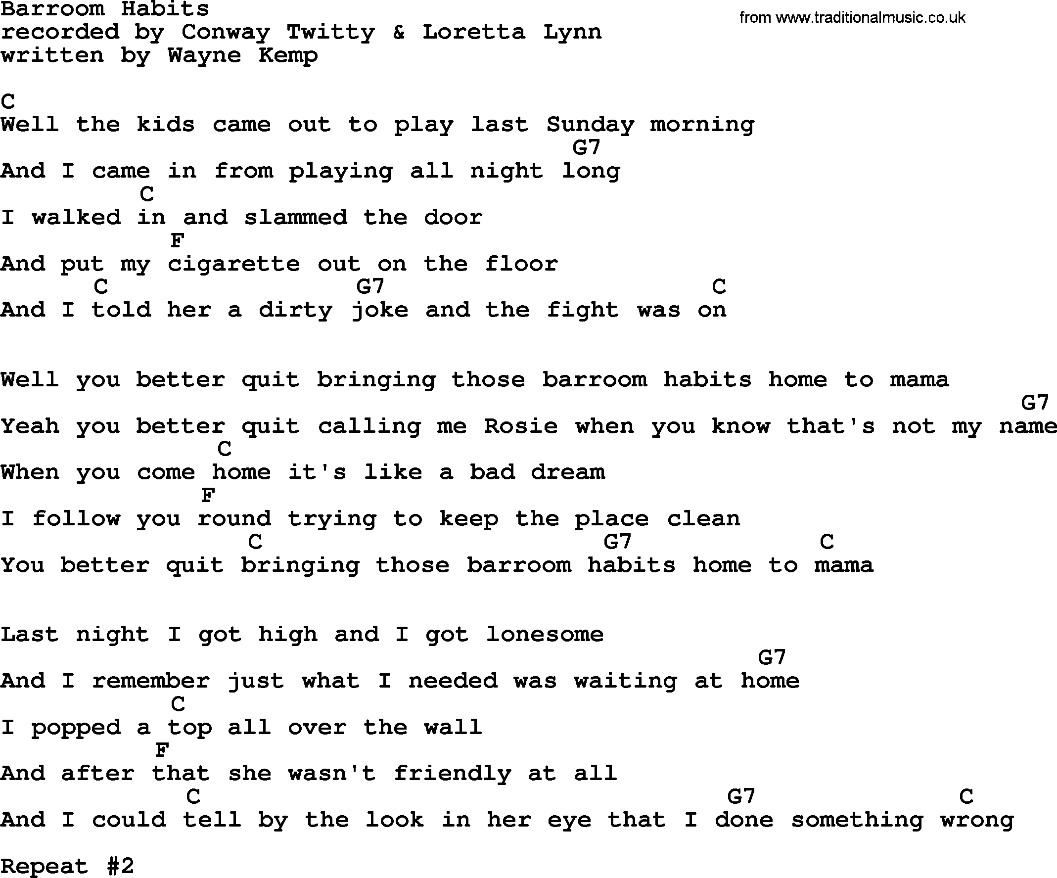 Loretta Lynn song: Barroom Habits lyrics and chords