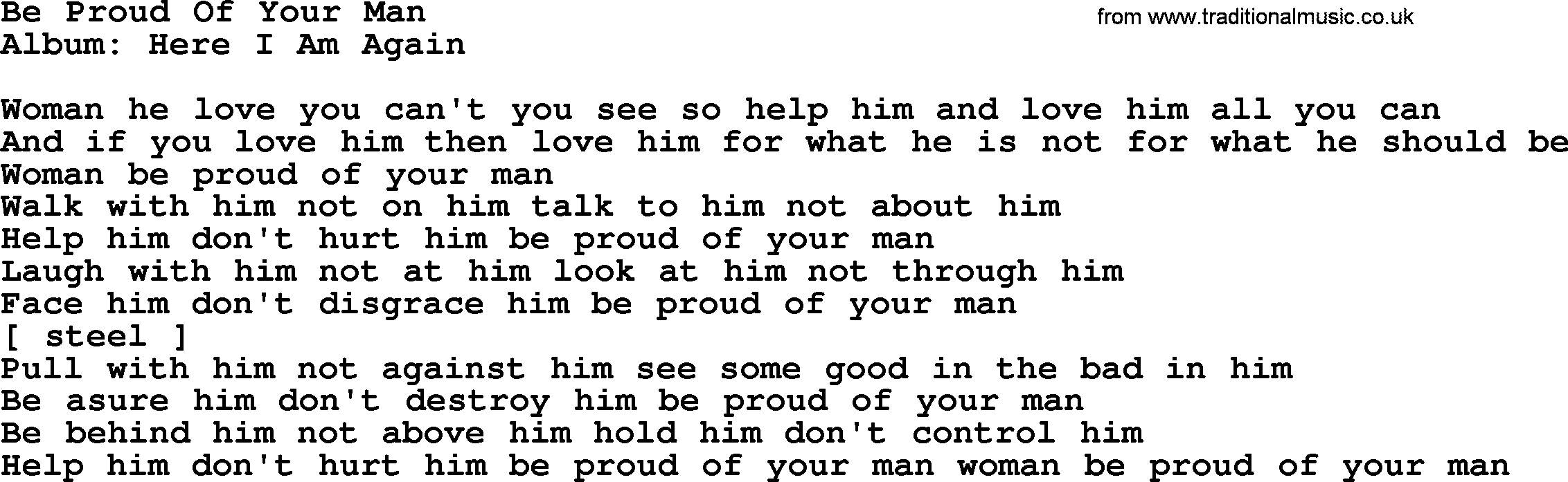 Loretta Lynn song: Be Proud Of Your Man lyrics