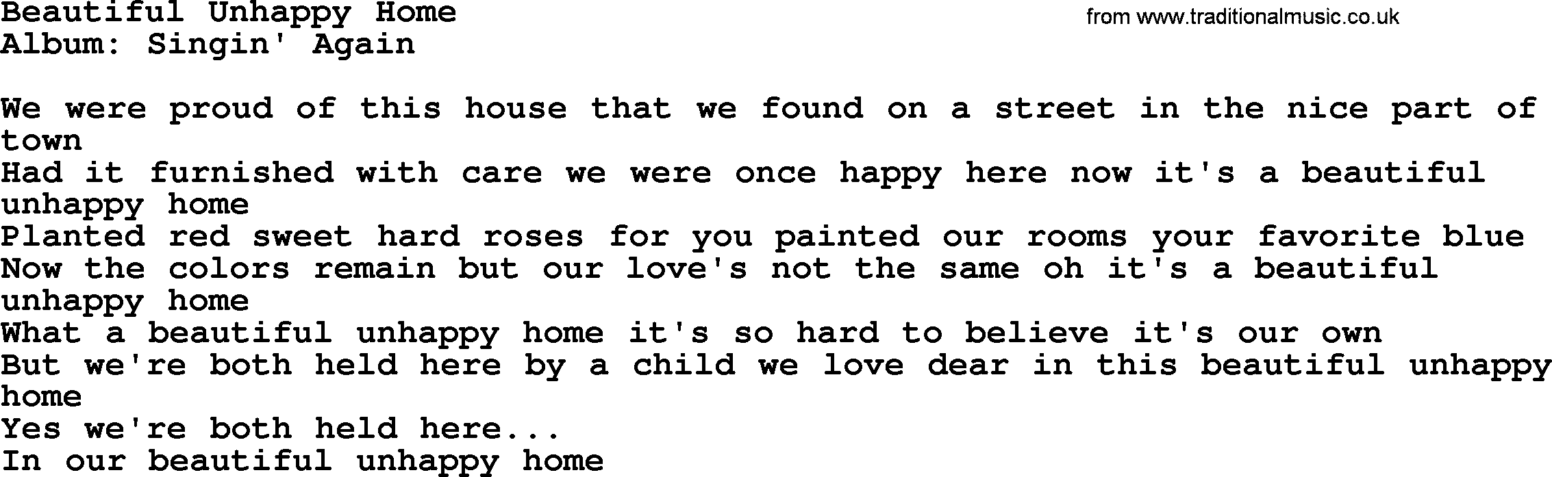 Loretta Lynn song: Beautiful Unhappy Home lyrics