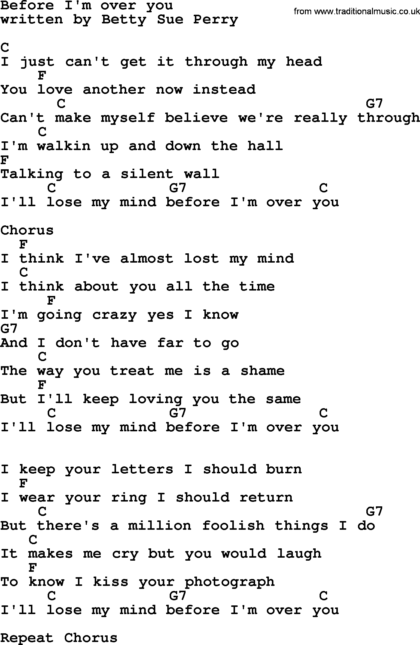 Loretta Lynn song: Before I'm Over You lyrics and chords