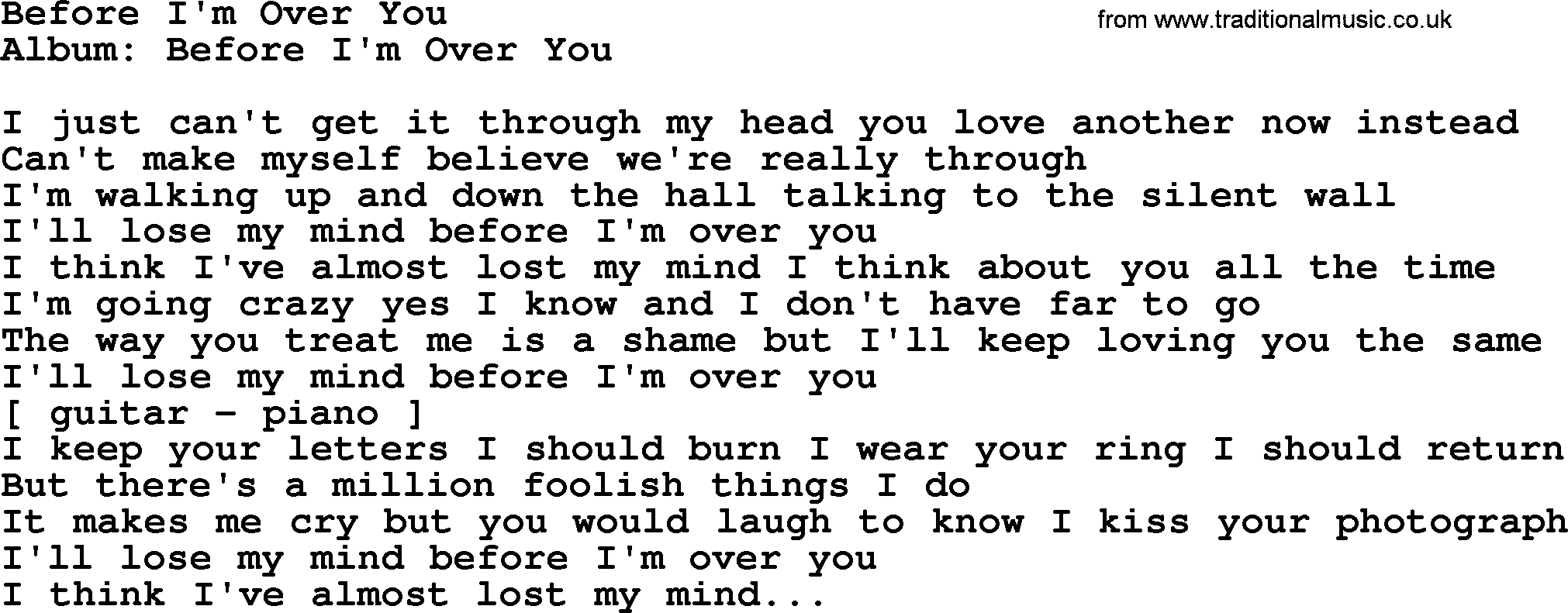 Loretta Lynn song: Before I'm Over You lyrics