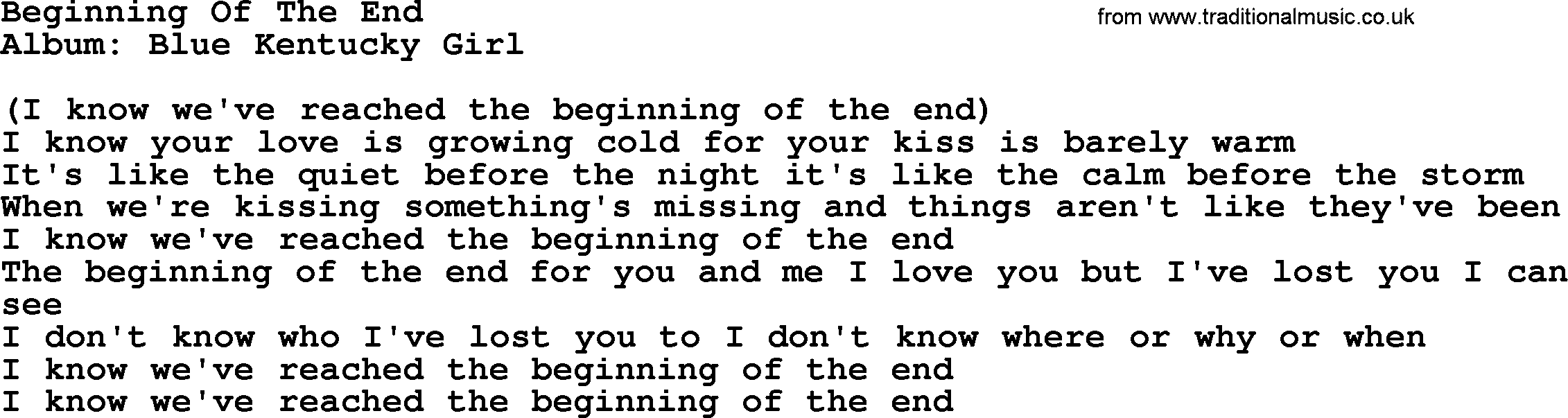 Loretta Lynn song: Beginning Of The End lyrics