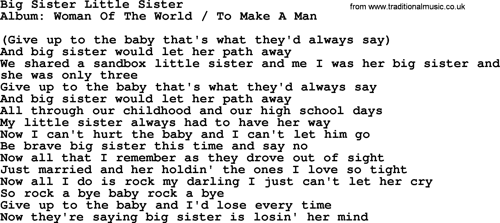 Loretta Lynn song: Big Sister Little Sister lyrics