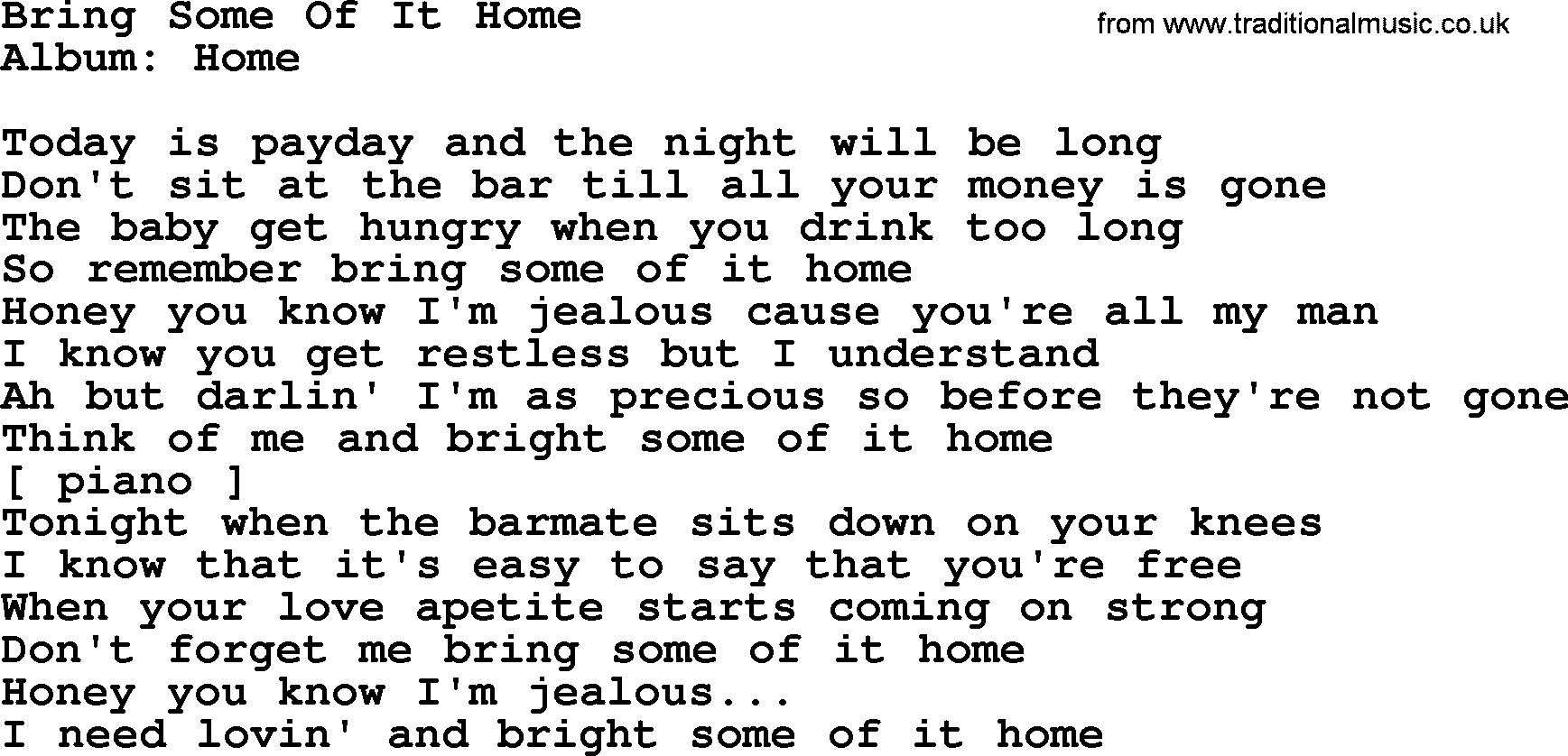 Loretta Lynn song: Bring Some Of It Home lyrics