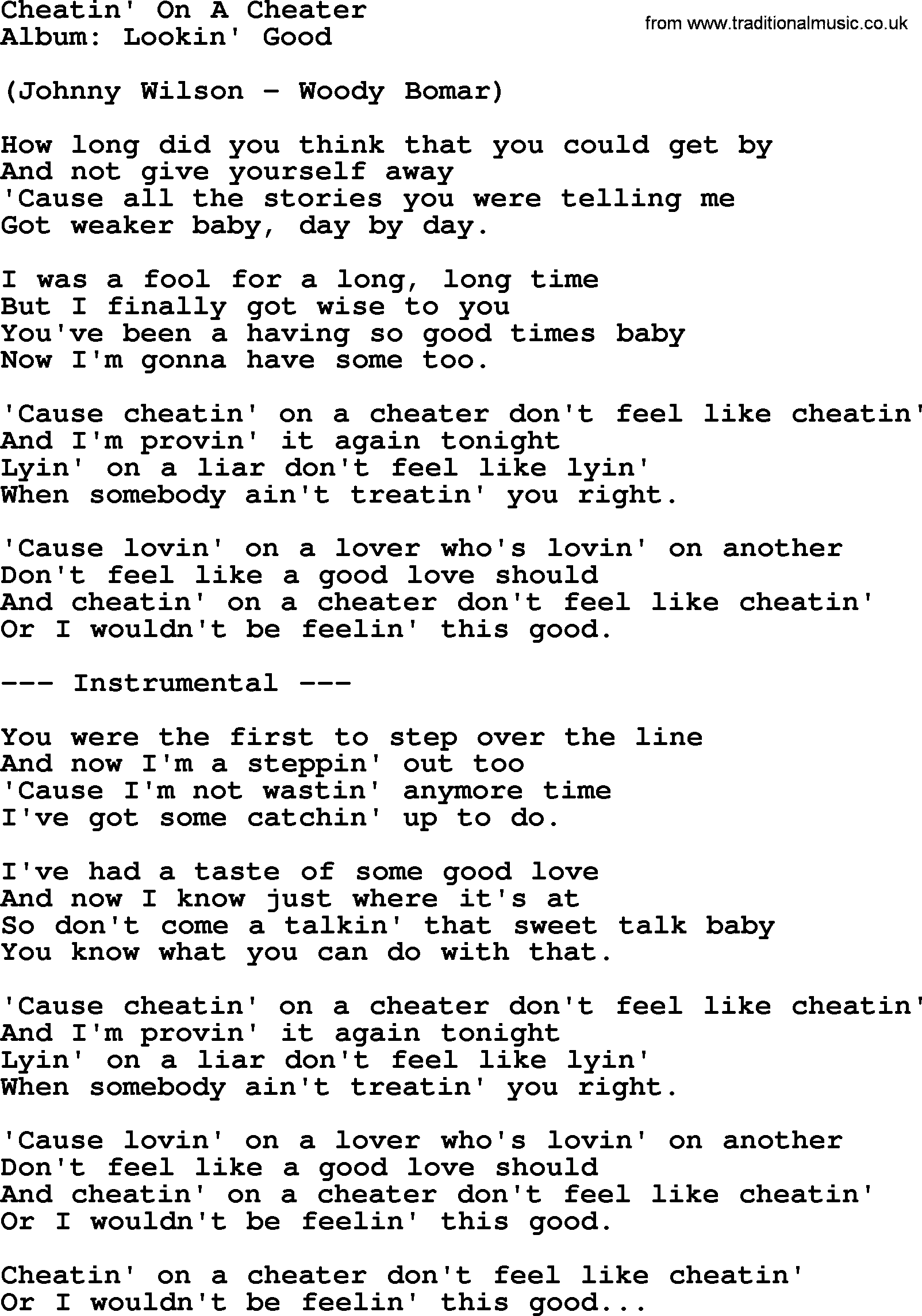 Loretta Lynn song: Cheatin' On A Cheater lyrics