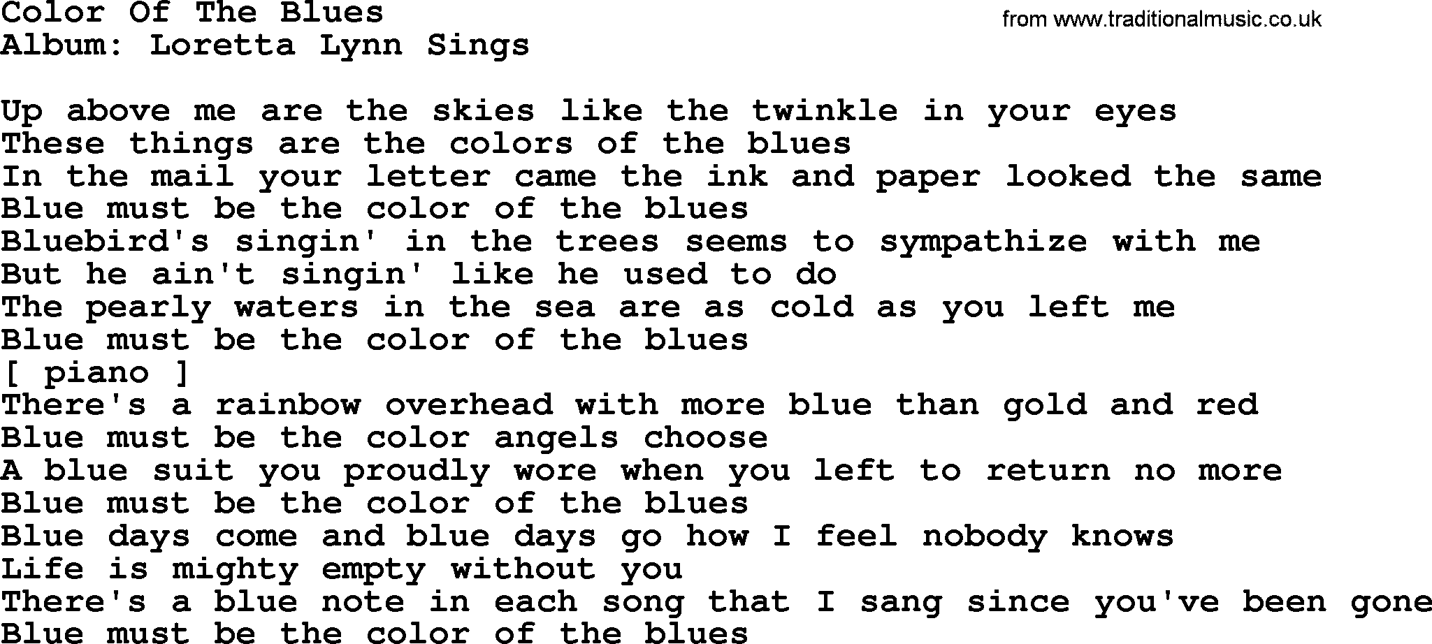 Loretta Lynn song: Color Of The Blues lyrics