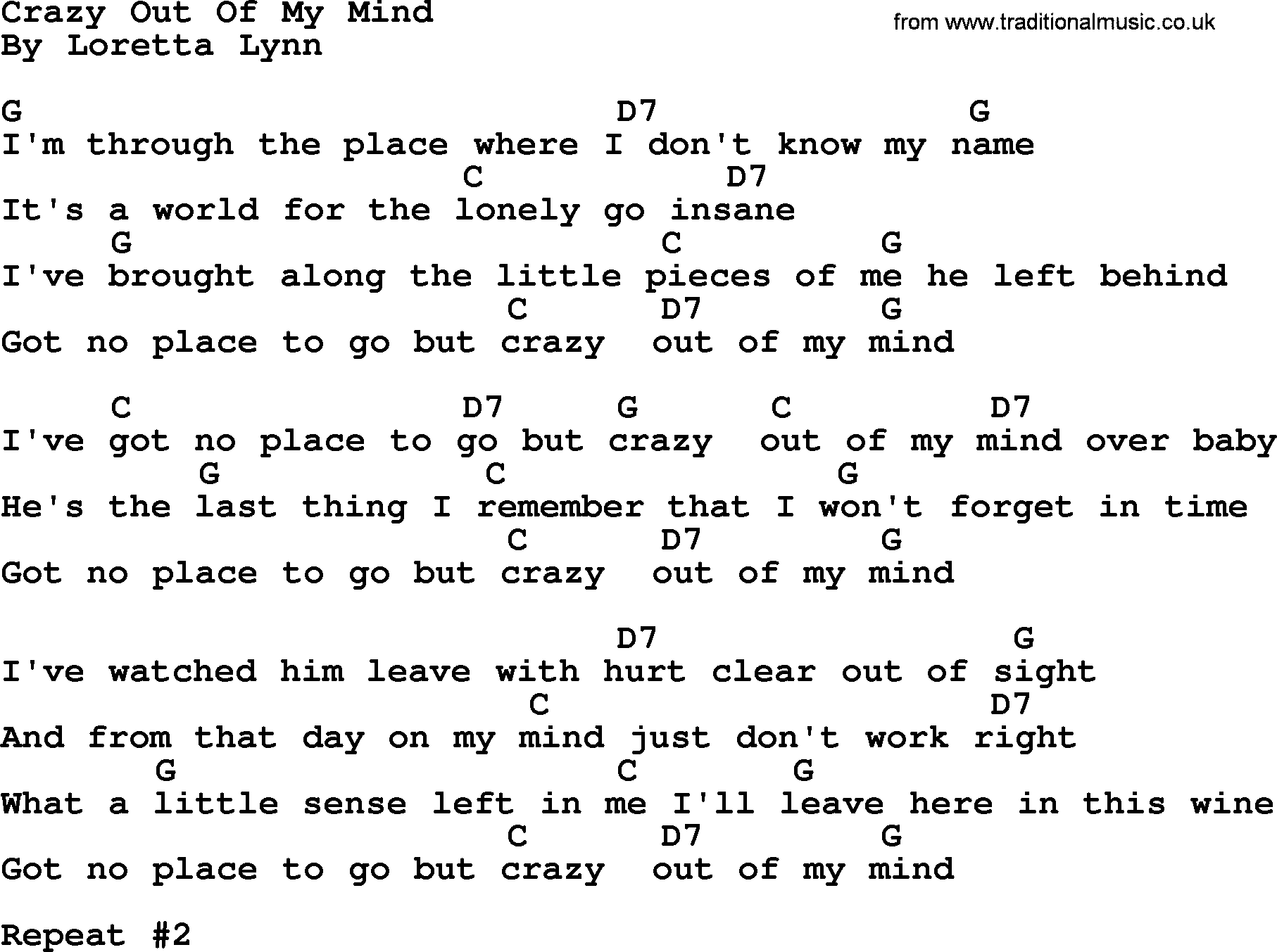 Loretta Lynn song: Crazy Out Of My Mind lyrics and chords