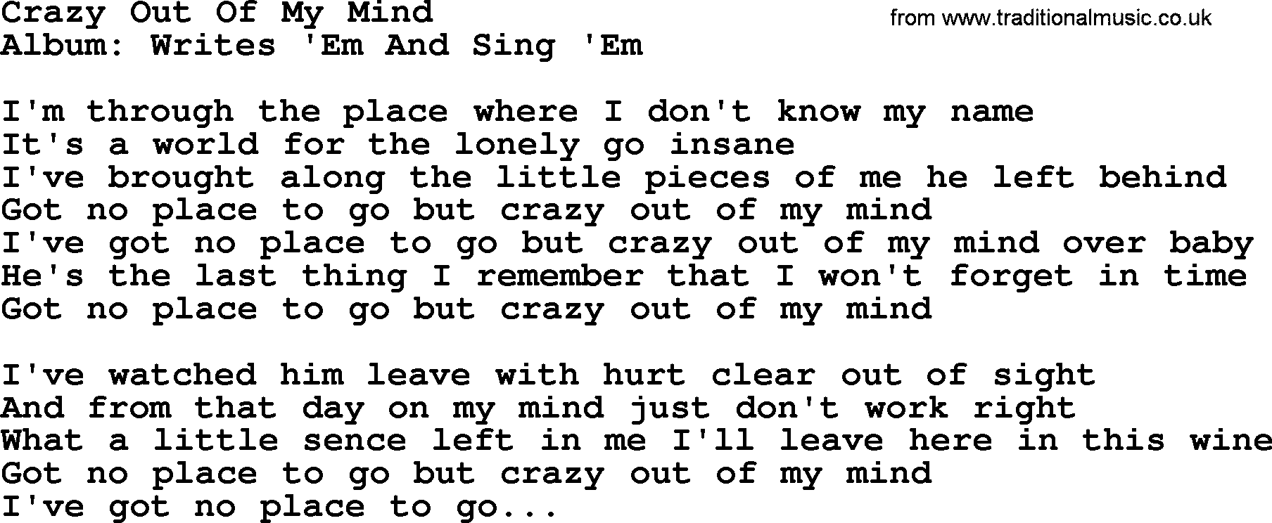 Loretta Lynn song: Crazy Out Of My Mind lyrics
