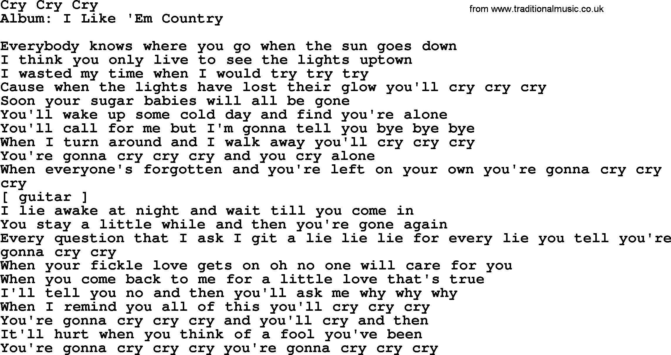 Loretta Lynn song: Cry Cry Cry lyrics