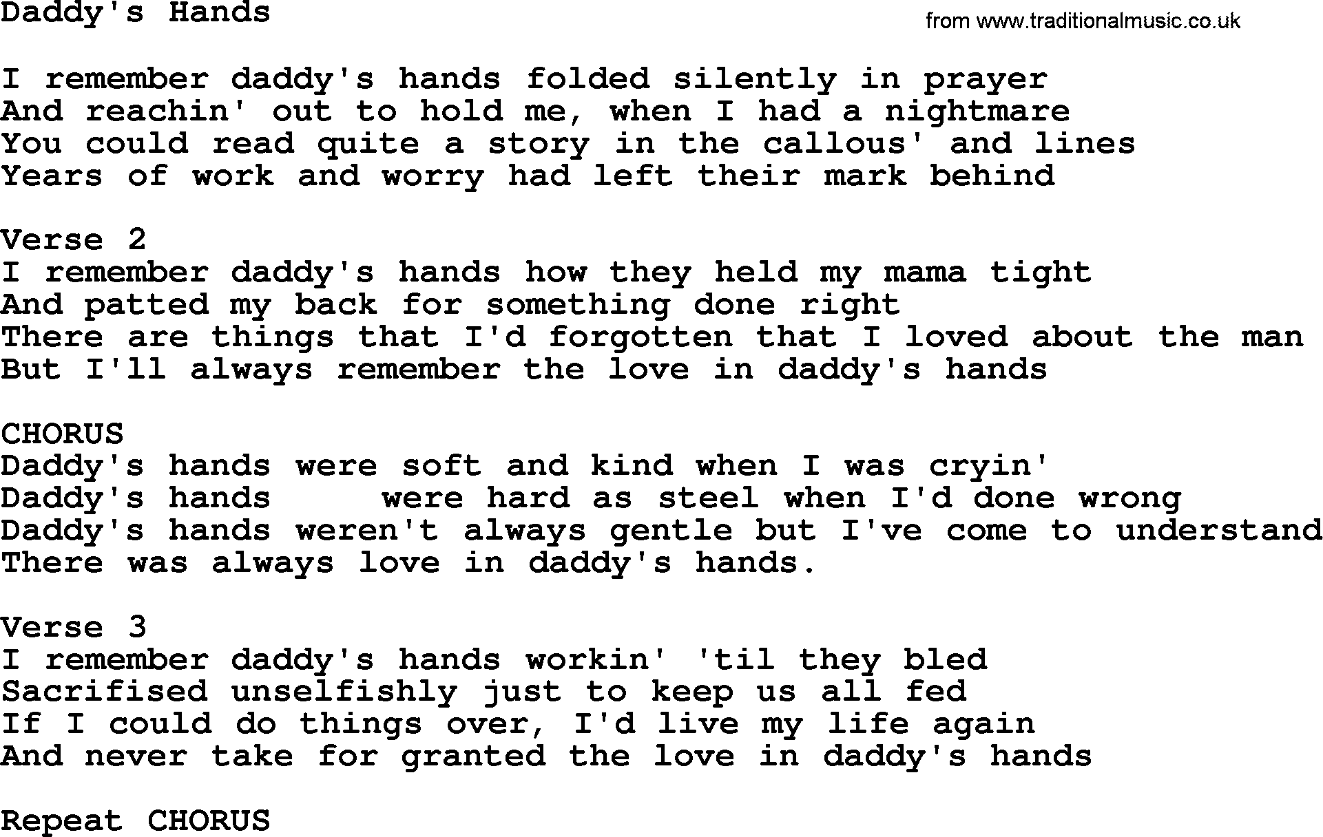 Loretta Lynn song: Daddy's Hands lyrics