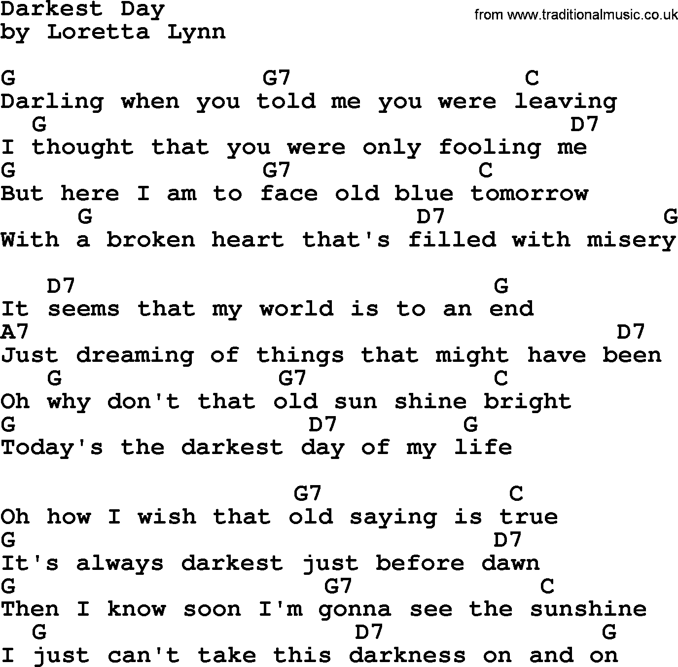 Loretta Lynn song: Darkest Day lyrics and chords