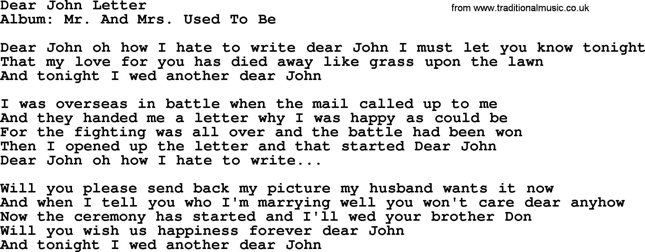 Loretta Lynn song: Dear John Letter lyrics