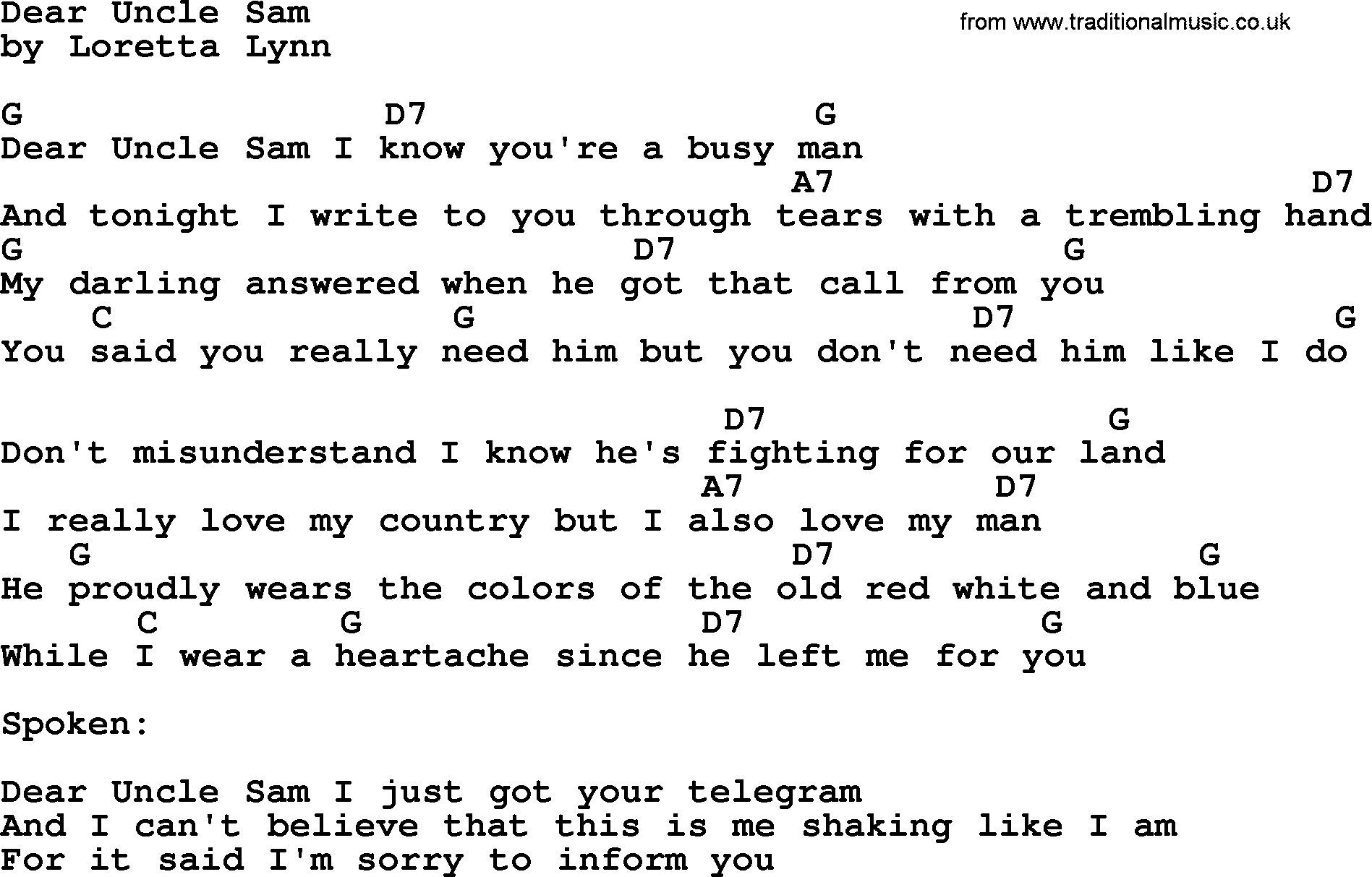 Loretta Lynn song: Dear Uncle Sam lyrics and chords