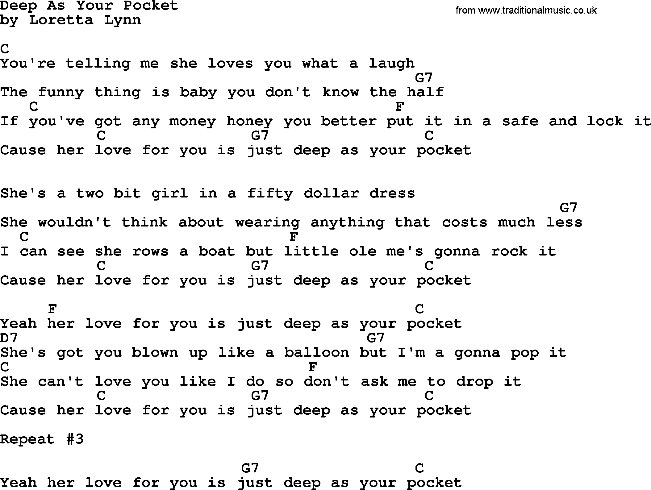 Loretta Lynn song: Deep As Your Pocket lyrics and chords