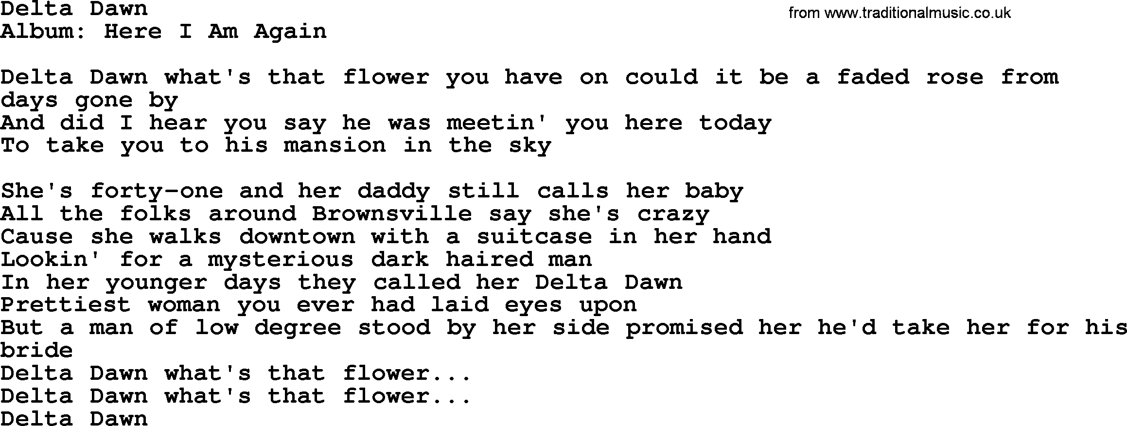 Loretta Lynn song: Delta Dawn lyrics