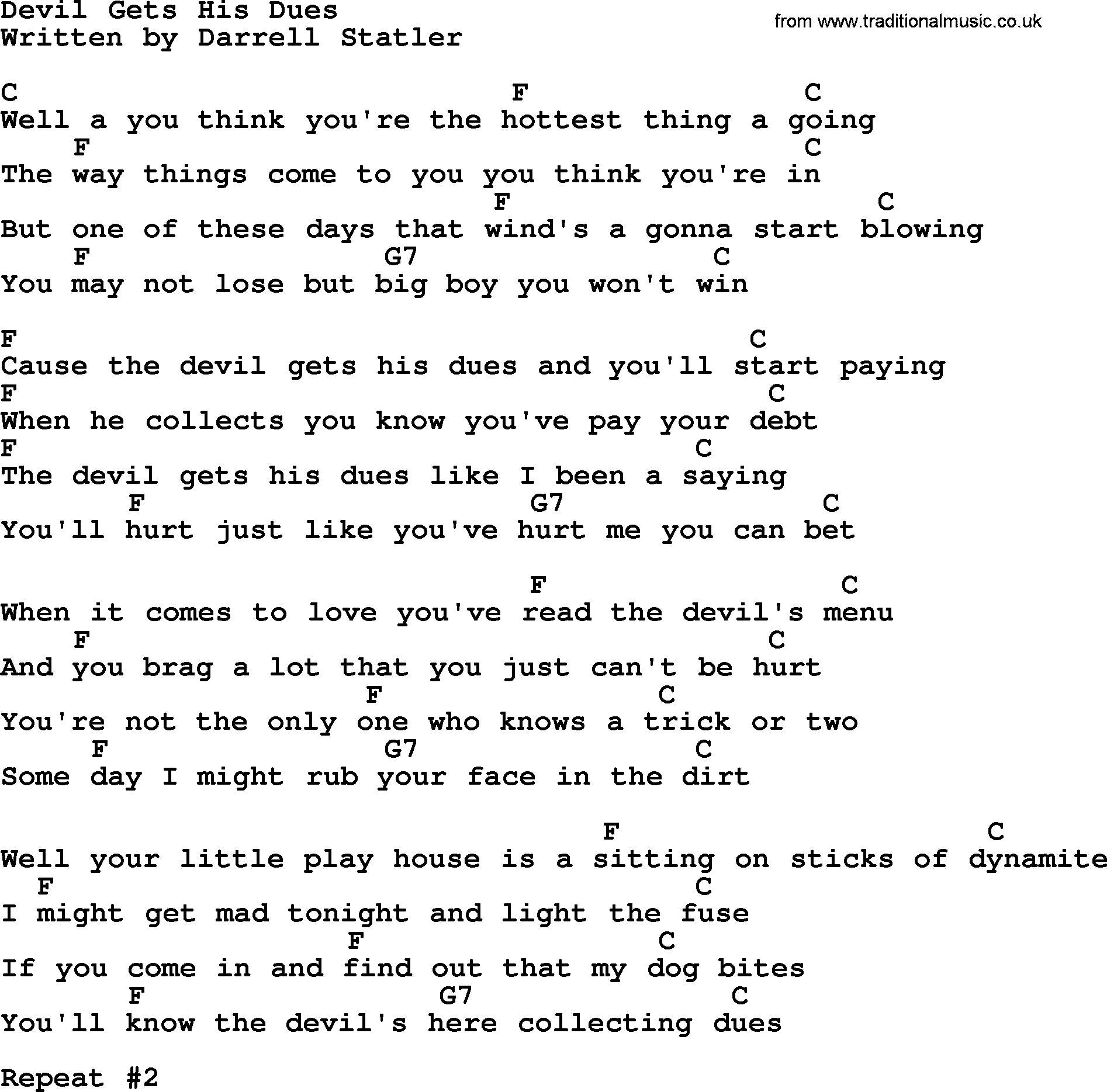 Loretta Lynn song: Devil Gets His Dues lyrics and chords
