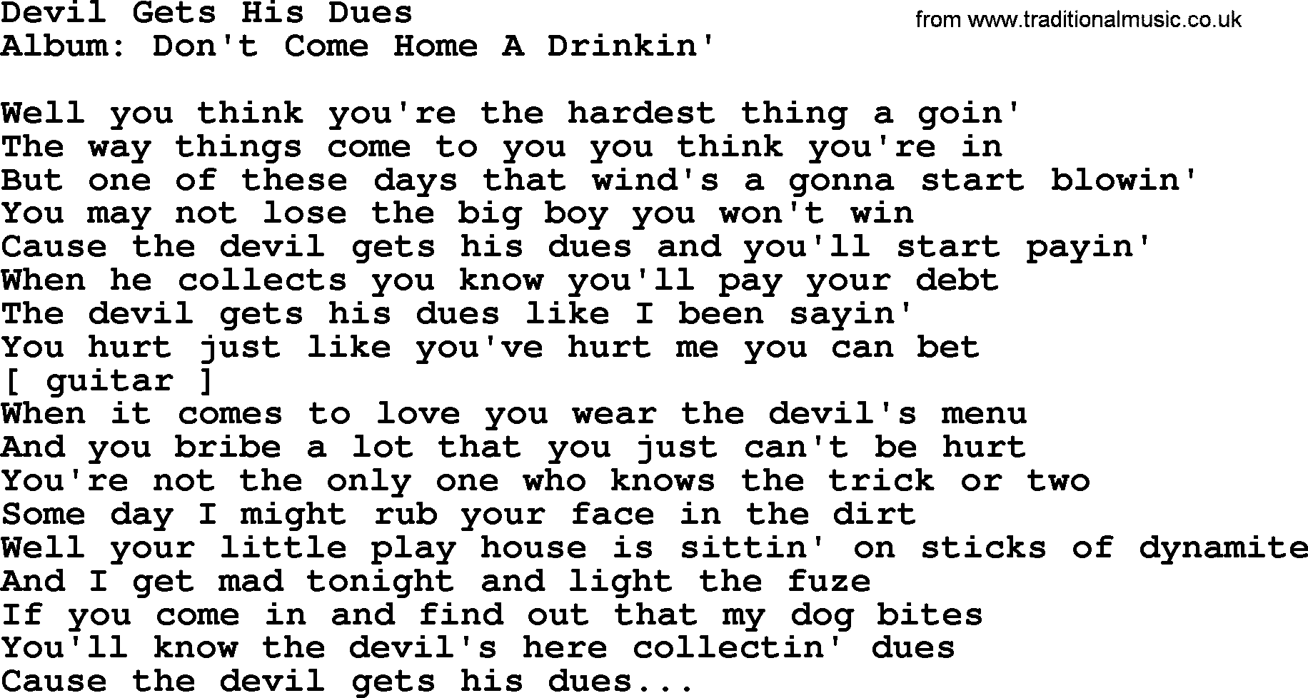 Loretta Lynn song: Devil Gets His Dues lyrics
